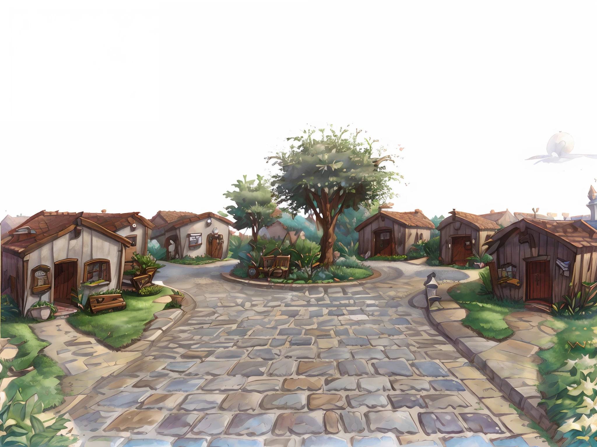 There is a rendering of a courtyard with a tree and a building, residential area, Barycentric subdivision, Watercolor illustration, pintura aquarela, pequena aldeia, casas pequenas, Village Square, Casas, Complex watercolor rendering, Complex watercolor rendering, imagem 3d, Arremesso longo, Model illustration drawing, conceptual rendering, Studio Ghibli style illustrations, Small buildings