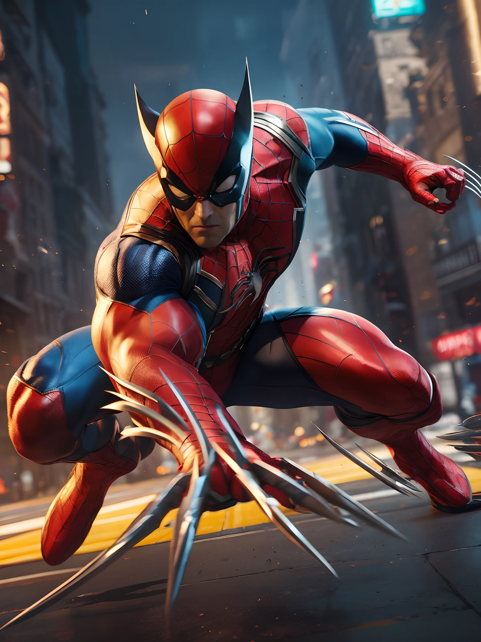 Unreal Engine 5, Photorealism, HD quality, 8k resolution, cinema 4d, beautiful, cinematic, art by artgerm. action-packed scene of a superhero that has the claws of Wolverine and the agility of Spider-Man. The superhero should be in an intense pose, leaping through the air and slashing at an enemy with their claws.