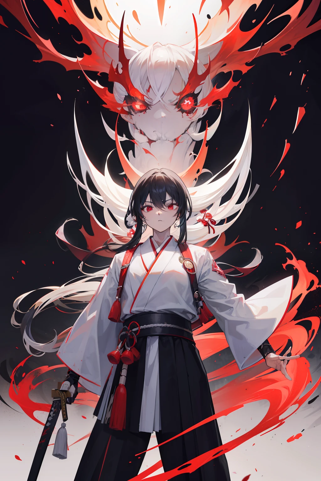cabelos preto e longos,Red-eyed age man,Stand on an empty street at night,extreme hight detail,White jacket,Black Hakama,Aoba Ori,Holding a huge blood-colored weapon in one hand,A Japanese style,Intimidating,Engulfed in flames、Sword,wall-paper,CG compositing,Japan best swordsman