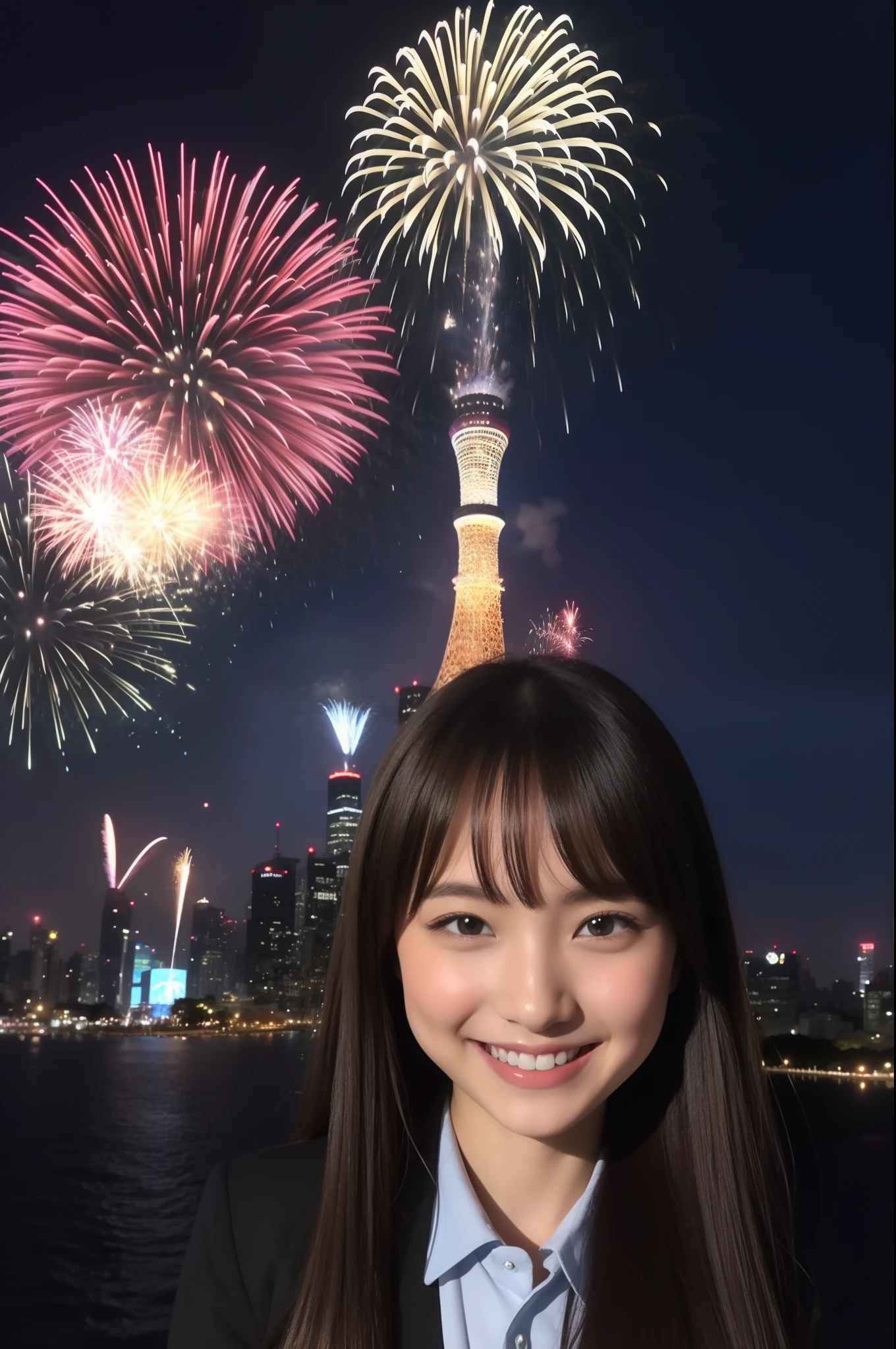 A smile、hi-school girl、校服、While doing fireworks、mare、Tokyo Skytree