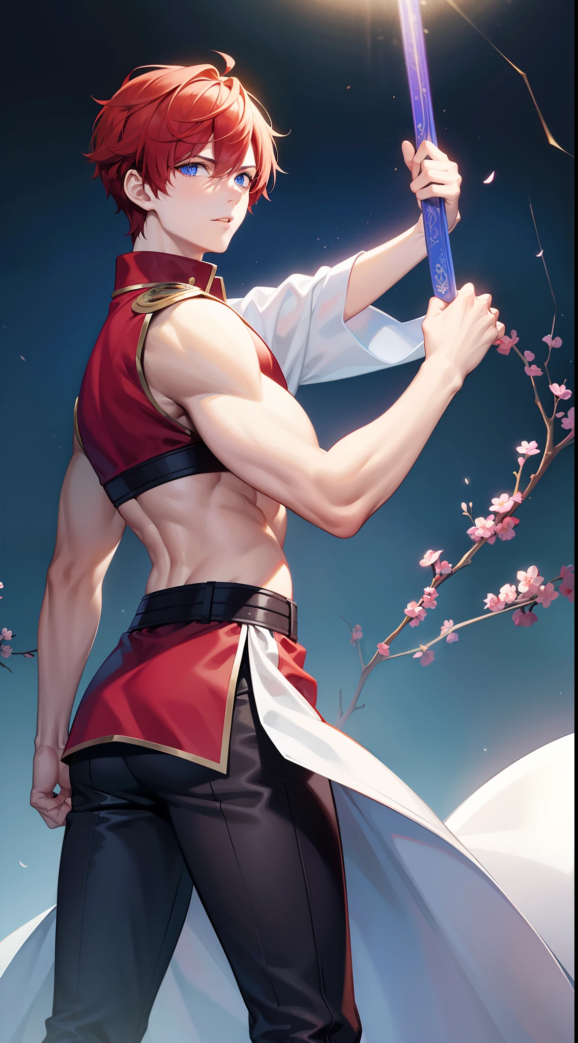 Young guy, short red hair, blue eyes, prince, martial arts, Masterpiece, hiquality