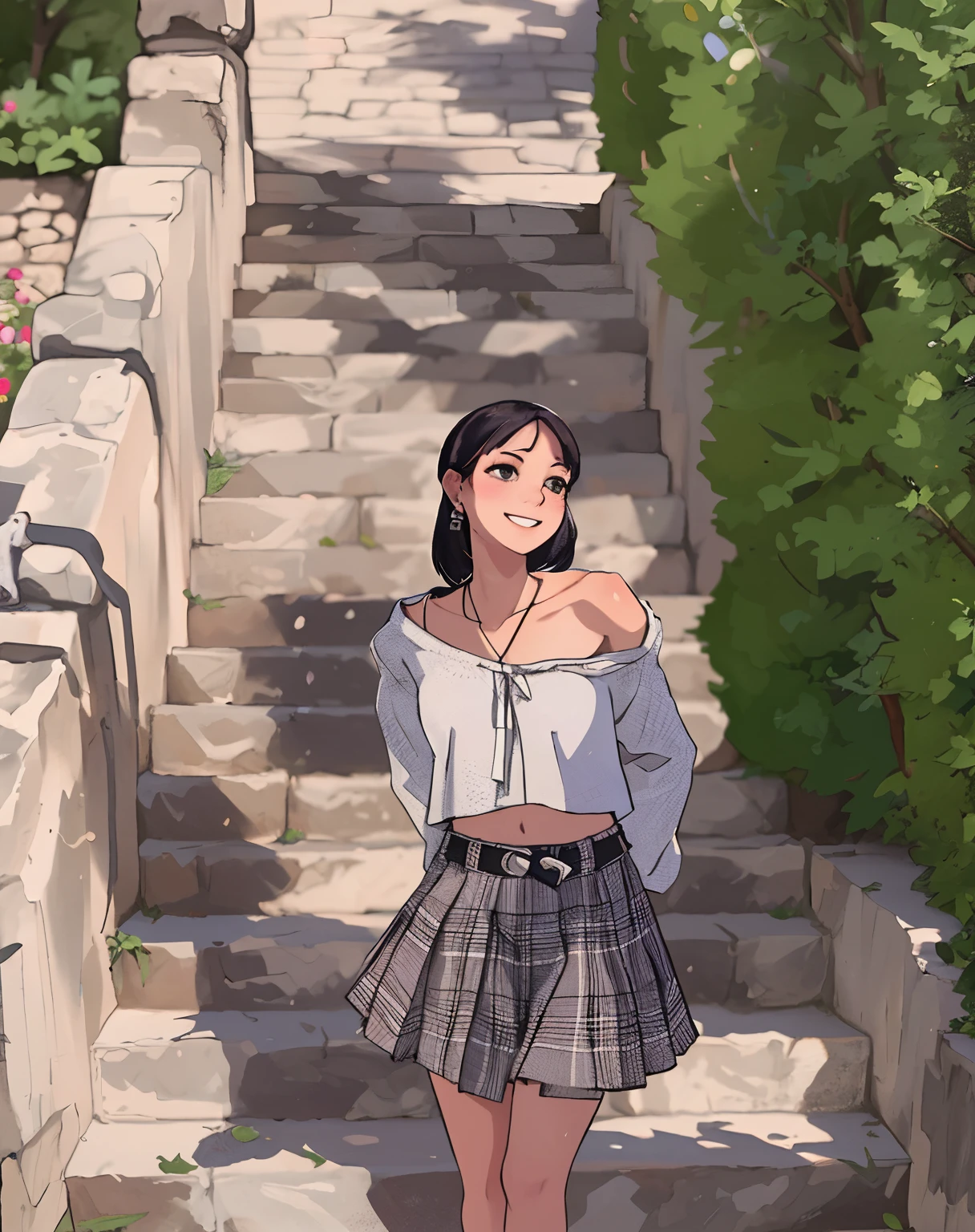 araffed woman walking down a stone staircase with a smile on her face, wearing crop top and miniskirt, detailed plaid miniskirt, profile image, plaid skirt, outfit photo, pleated miniskirt