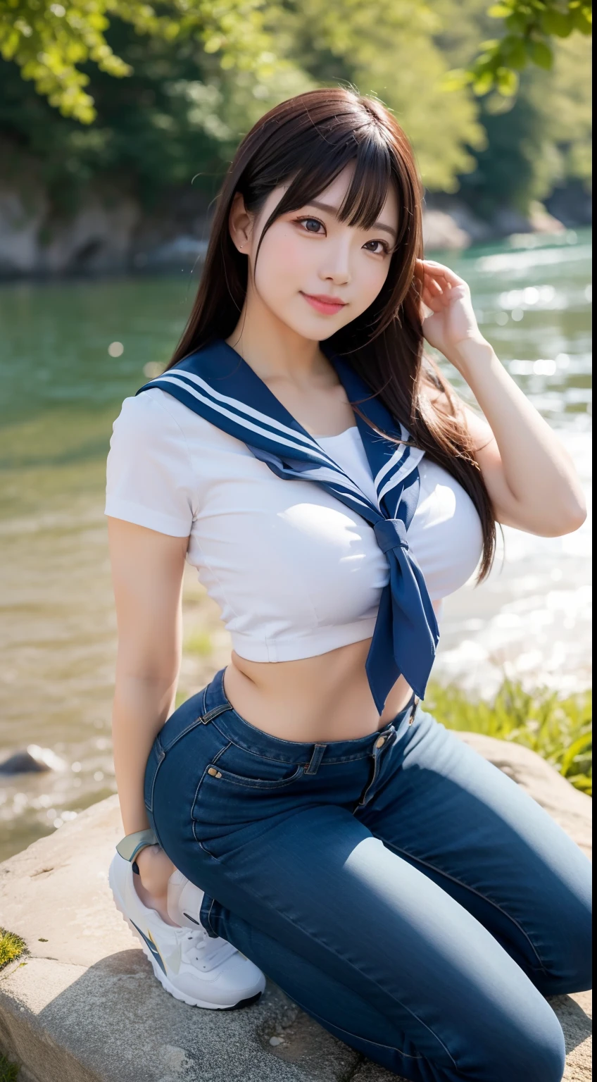 a pregirl，horse tailed，Large breasts, ssmile, looking at viewert, sailor uniformm,skintight jeans, athletic sneakers，photore, realisticlying, Best quality at best, employee, 详细的脸, Kneel on a large rock by the river in the middle of the woods, diffuselighting, depth of fields, Background bokeh