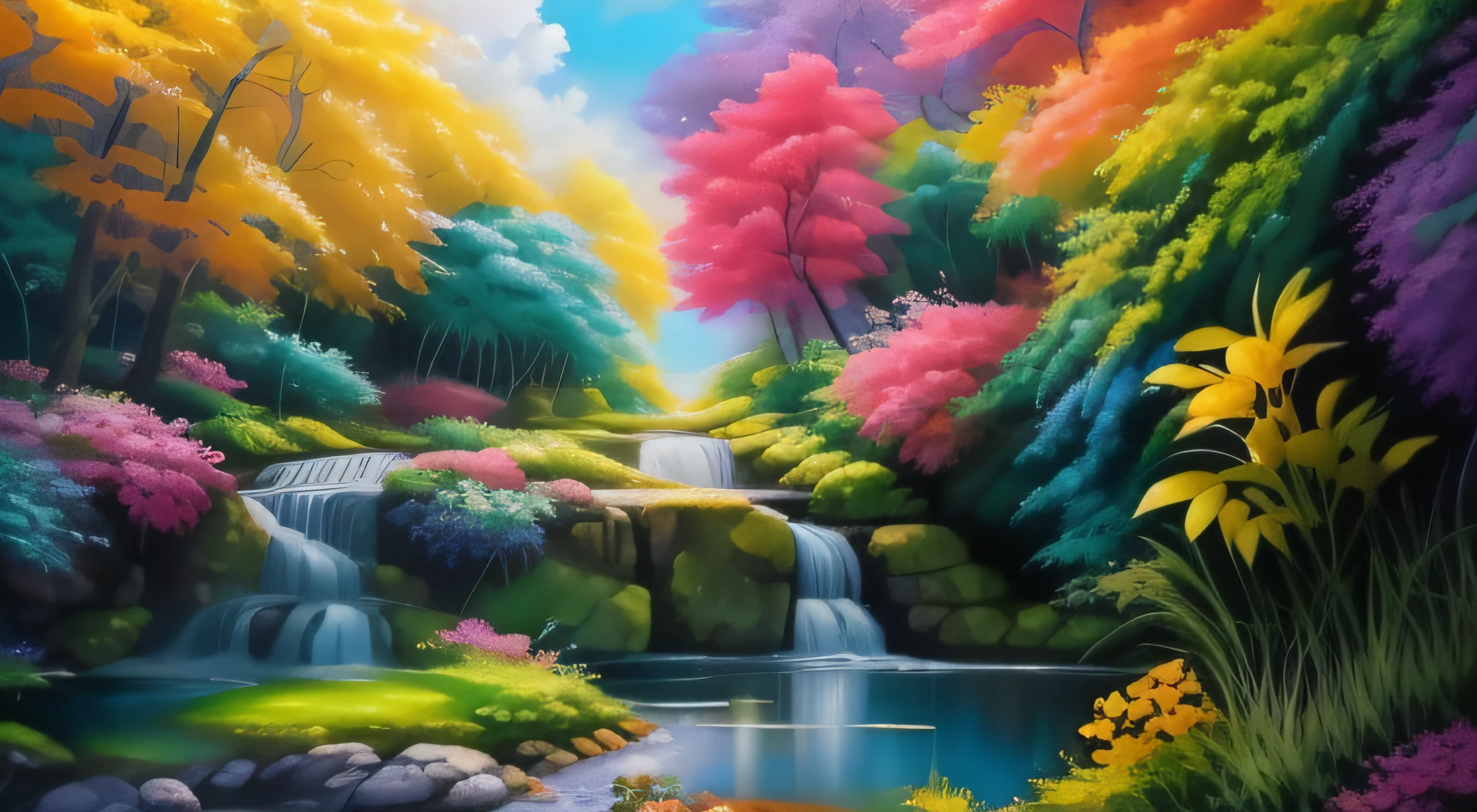painting of a waterfall in a colorful forest with flowers and trees, scenic colorful environment, Arte bonita UHD 4K, Gotejamento HD colorido, pintura detalhada 4K, magical landscape, ricas cores pitorescas, extraordinary colorful landscape, whimsical fantasy landscape art, beautiful high resolution, natureza anime, cena colorida, arte de fundo, 8k arte detalhada de alta qualidade, pintura de paisagem colorida