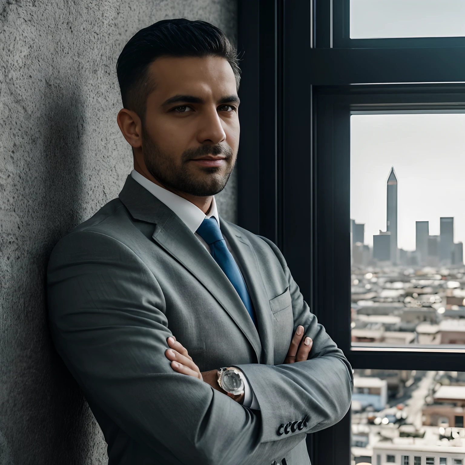 1man, 29years, black olive, businessman, front view, latin peruvian, business style, arms crossed, face ultradetail, award winning portrait photo, Key light, backlight, soft natural lighting, blue dress jacket, backlight, soft natural lighting, Man standing, photography Film grain ISO 1400 100mm lens Aperture RAW f1.4, highly detailed, looking at the horizon, 8k, Latin, (analogue photography: 1.0), hdr colors, background buildings city