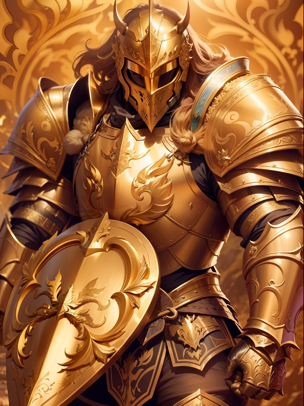 A strong man,Centaur Knight, golden armour，Gold armor，holding a sword and shield，Royal style，Comic style, , subsurfacescattering, ornate detail, Nature background, Hyper-realistic, Cinematic, Dramatic lighting, Masterpiece