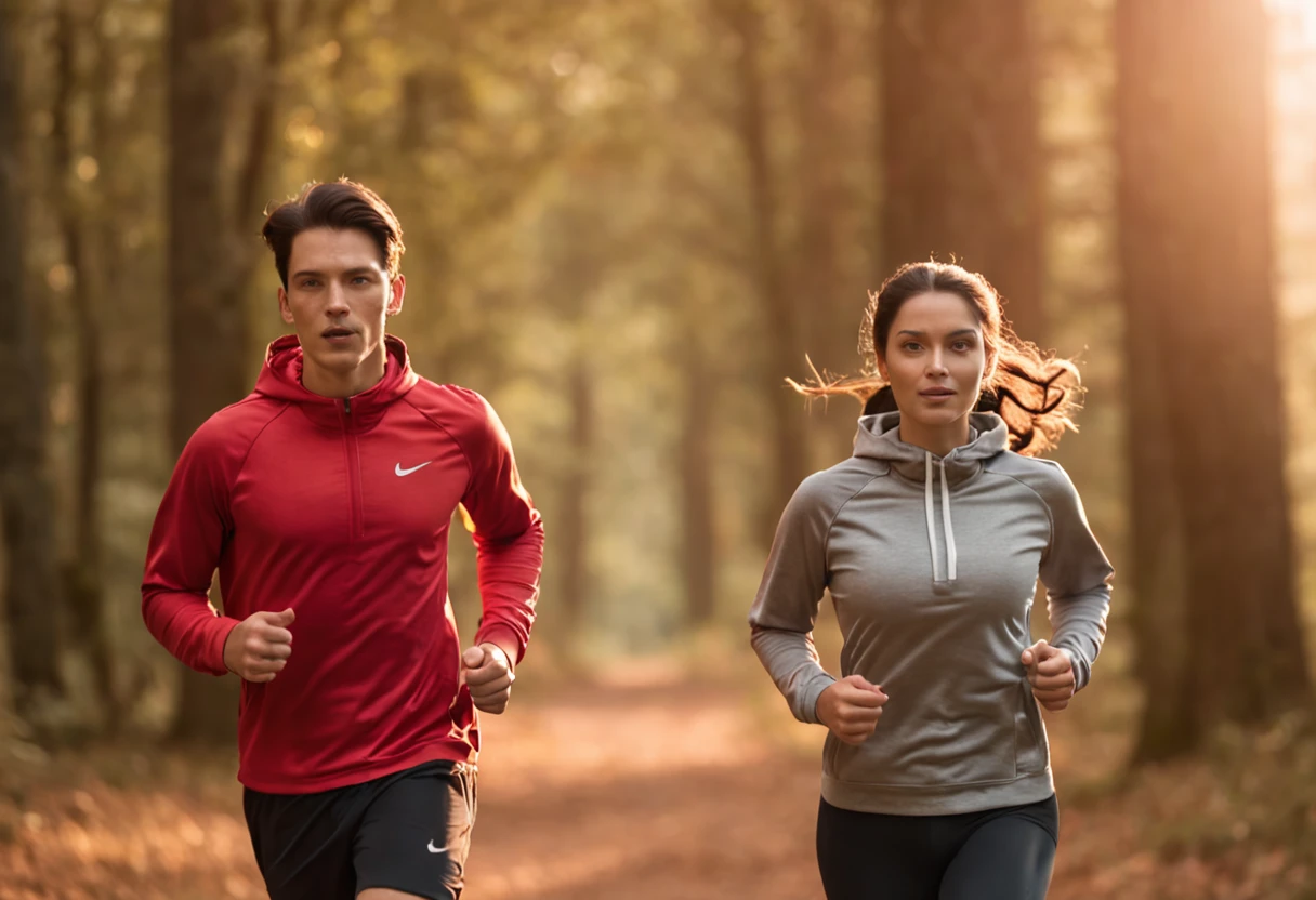 a man and a woman jogging in the woods, wearing jogging hoodie, a picture by Julian Hatton, shutter stock, figuration libre, running freely, people running, during golden hour, golden hour 8 k, golden hour 8k, taken at golden hour, high quality photos, lots of sunlight, at golden hour, high quality picture, radiant morning light, high quality screenshot