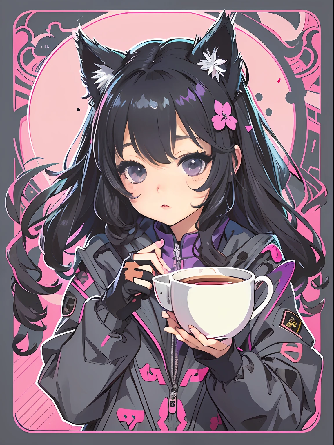 Sticker, Cute anime girl head, Long black hair style,Deep purple eyes,Black cat ears, Lovely clothes, Drinking tea, in circle, White background, Bright pink, Simple, Ultra detailed, Detailed drawing, vectorised, Silhouette, 8K, professional sticker design, Flat design, Vector lines, Sticker, Drawing, Drawing, Full-HD