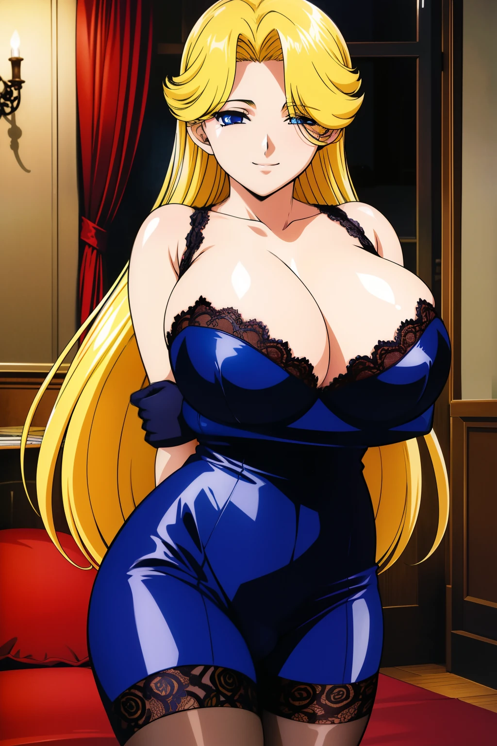best quality, ultra-detailed, high resolution, 4k, (beautiful detailed eyes:1.2), anime screencap, blonde hair, parted bangs, blue eyes, 1990s \(style\), indoors, 1girl, black lace bra, black lace gloves, black lace thigh highs, garter belt, (cleavage, huge breasts:1.2), (half closed eyes:1.4), nose blush, smile, from front