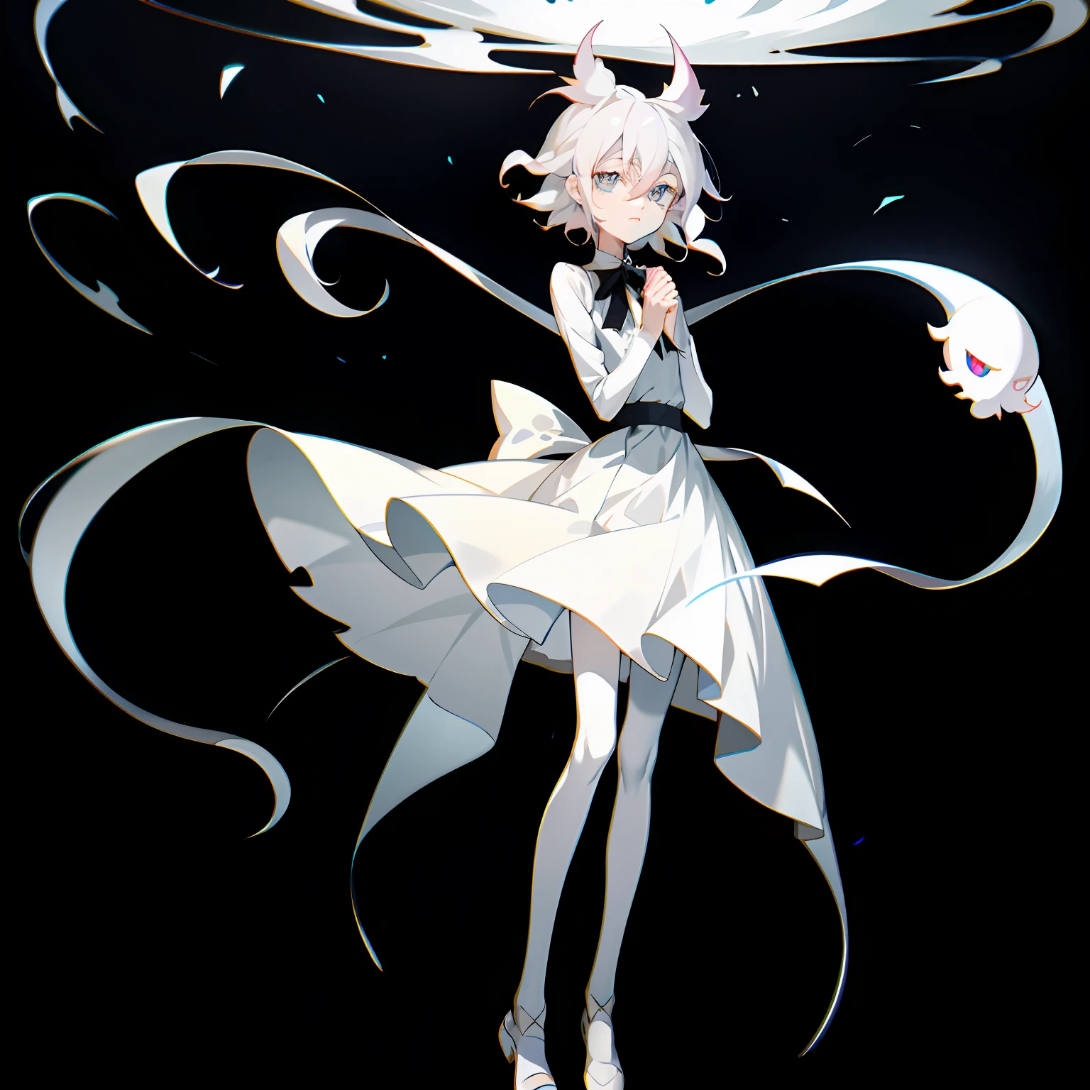Blue eyes and black background art,visual novel sprite,neferpitou,full body sprite,made in rpg maker,nagito komaeda,silver eyes full body,nyaruko-san,Silver hair girl,pale young ghost girl。white dresses,ultraclear。
