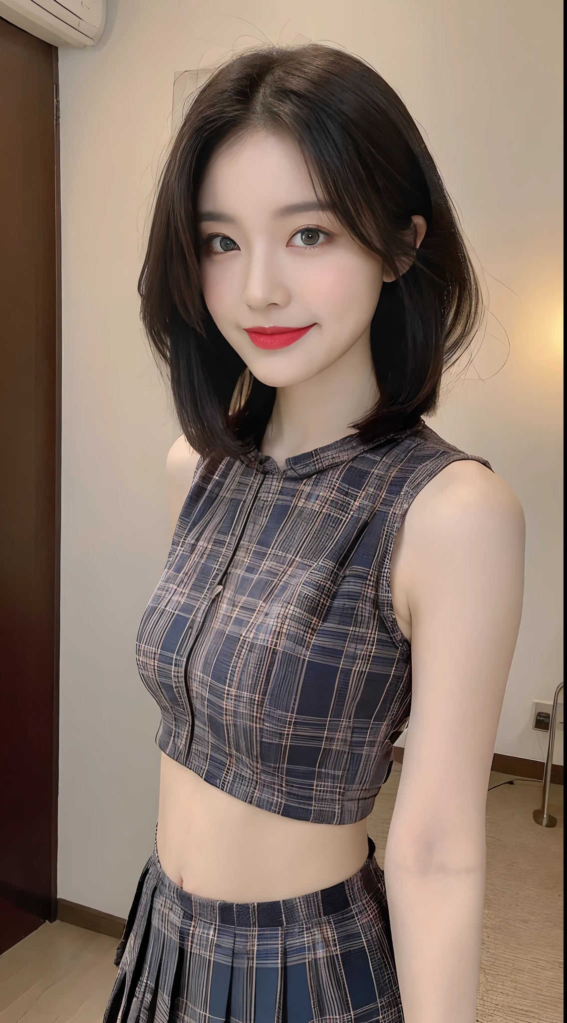 high detal,8K分辨率,超高分辨率,Best image quality,a beauty girl,lipsticks,Love pupils,Peerless beauty,Messy black straight hair,shoulder-length short hair,(Coiled hair)Smooth hair,Intense and beautiful makeup,Exquisite and perfect facial features,the most beautiful big eyes,Be red in the face,Sweet smile,(Wear a T-shirt ,Plaid pleated skirt)Open navel,Thin waist,dynamic angle,Extreme picture quality,Highest accuracy