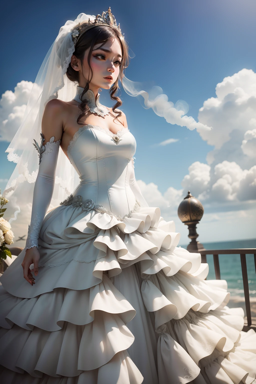 wedding dress beauty mechanical antique smoke girl sky sea