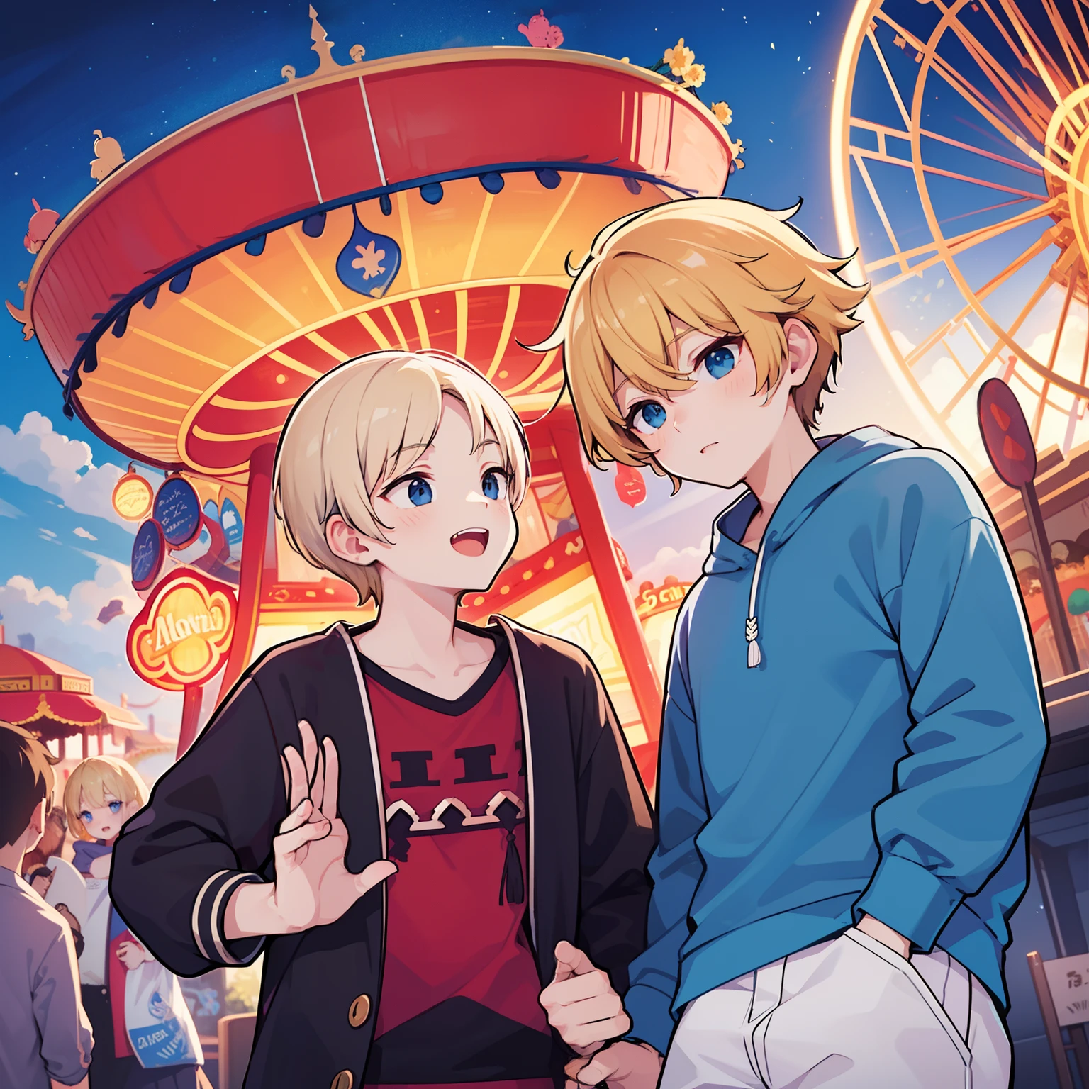 superfine illustration,Animated,1boy,man,Man's,gay,Yaoi,Guy,man,Man's,Short hair,Curly hair,Parted bangs,Blonde hair,Blue eyes,White skin,Amusement Park Dating