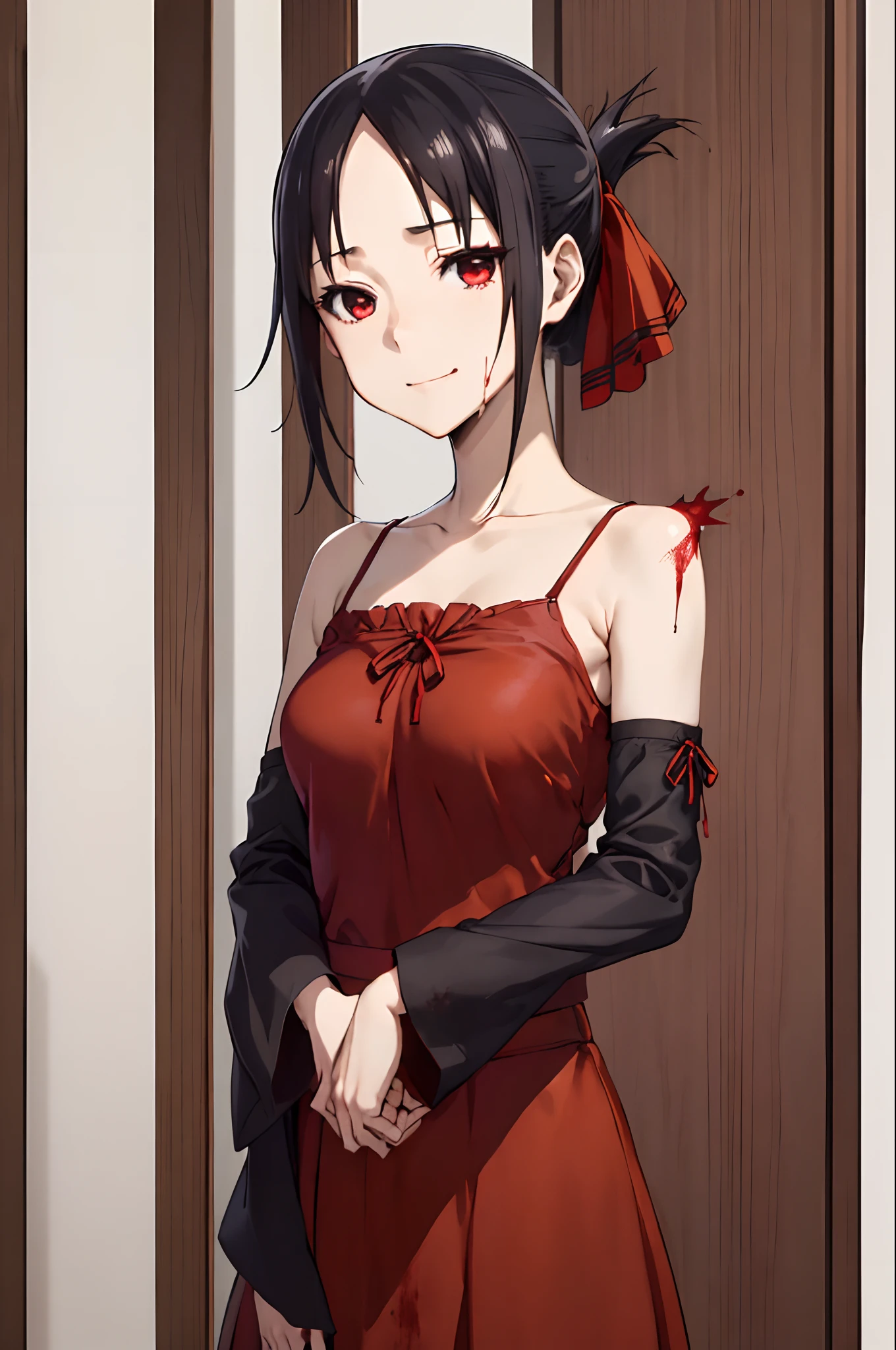 best quality, (masterpiece:1.2), detailed,
shinomiya kaguya,
1girl, solo, closed mouth, light smile,
black hair, red eyes, short hair, folded ponytail, hair ribbon, no sleeve, red ribbon,
standing, looking at the viewer, medium breasts,((upper body)), ((((blood, evil, cruel girl, dominant))))