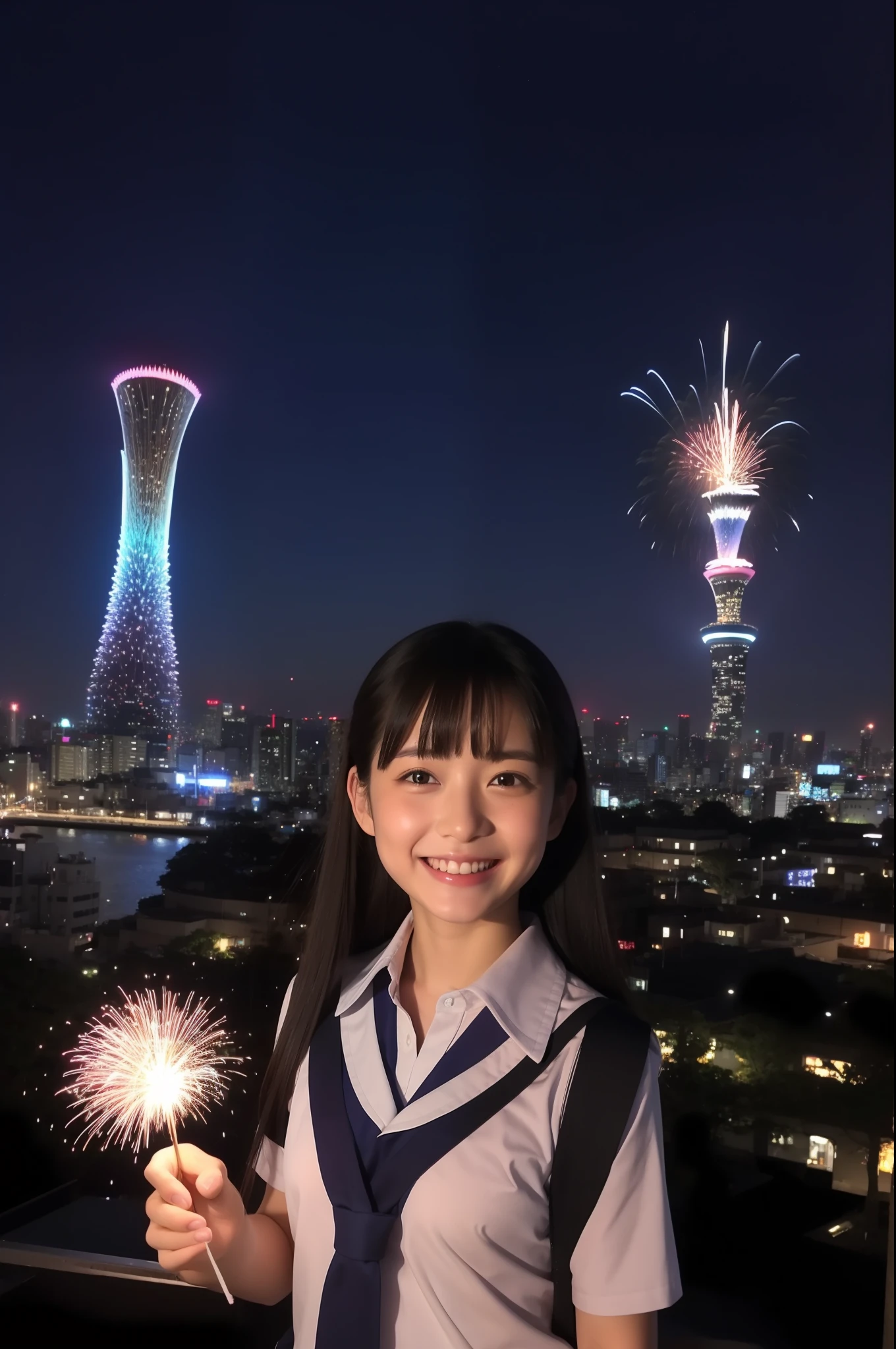 A smile、hi-school girl、校服、While doing fireworks、mare、Tokyo Skytree