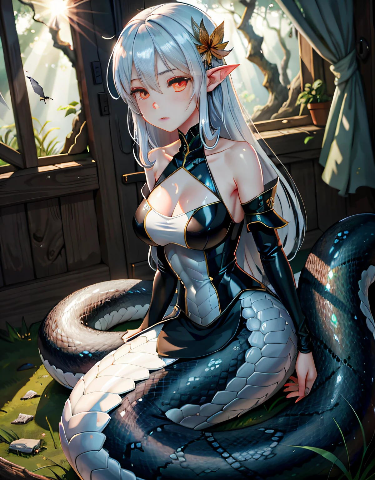 Detailed snakeskin， （AS-Adult）， Individual focus， （Lamia）， stoic， monstergirl， ， beautidful eyes， beatiful background， abandoned cottage， ln the forest， light particules， suns rays， dramatic  lighting， do lado de fora， grassy， leafs， Shiny （amarelo， Red Jewel， White gradient：1.5）， Realistis， tmasterpiece， best qualtiy， ultra - detailed， A detailed， scenecy， 美丽细致的眼睛， Detailed gray hair，beautiful red eye