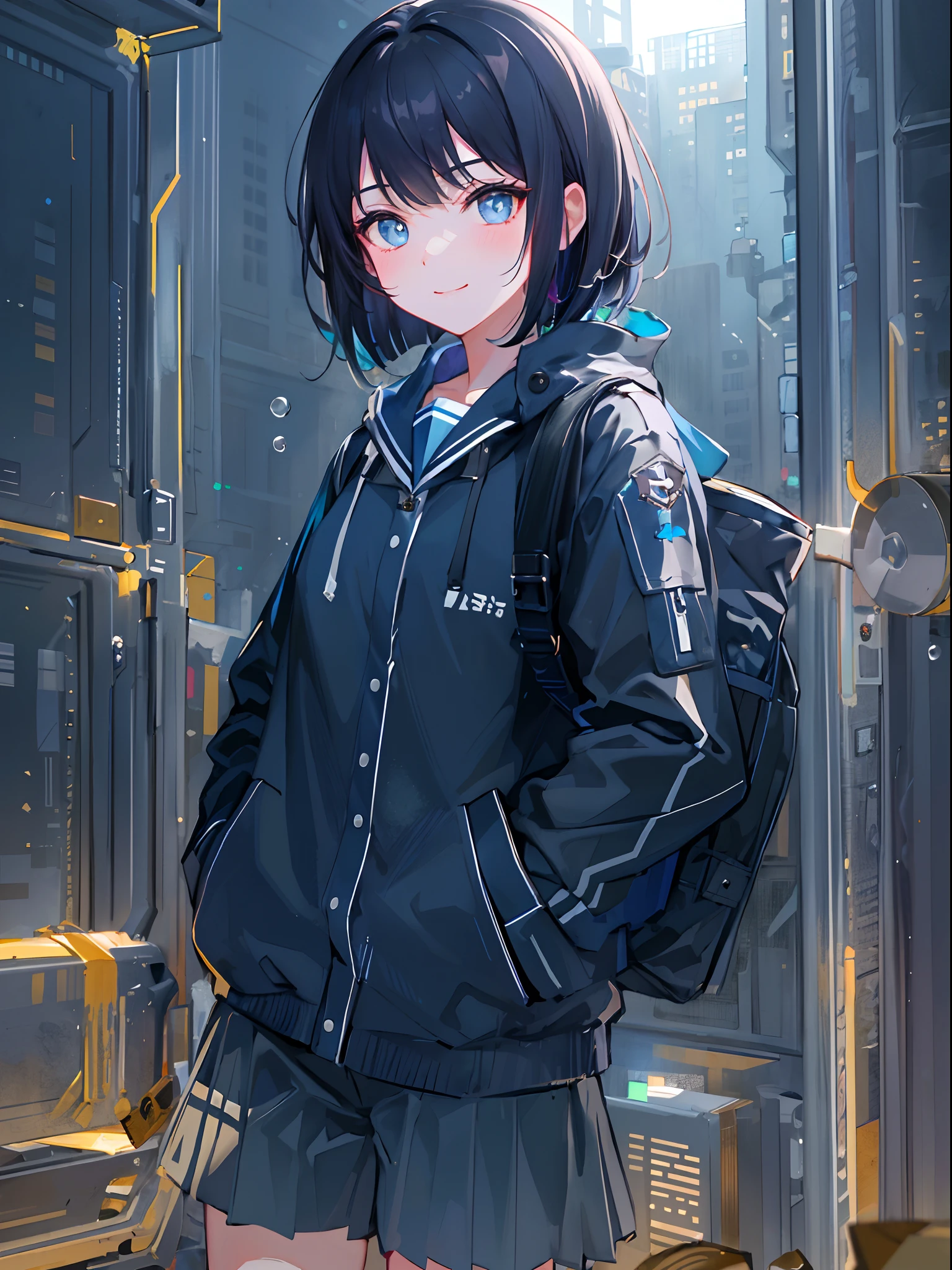 ((top-quality)), ((​masterpiece)), ((ultra-detailliert)), (extremely delicate and beautiful), girl with, 独奏, cold attitude,((Black jacket)),She is very(relax)with  the(Settled down)Looks,A dark-haired, depth of fields,evil smile,Bubble, under the water, Air bubble,bright light blue eyes,Inner color with black hair and light blue tips,Cold background,Bob Hair - Linear Art, shortpants、knee high socks、White uniform like school uniform、Light blue ribbon ties、Clothes are sheer、Hands in pockets