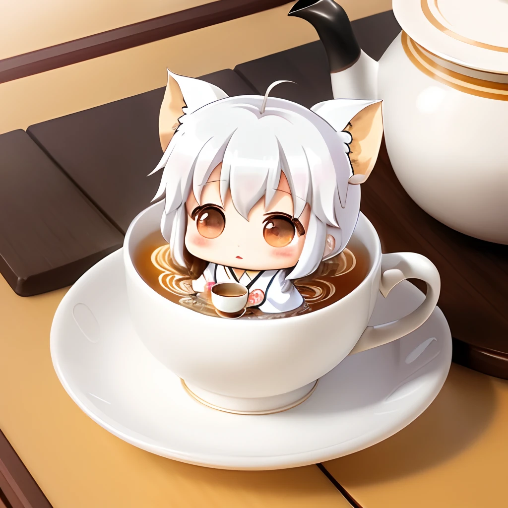 Cute chibi anime, wear white kimono, drink tea, logo