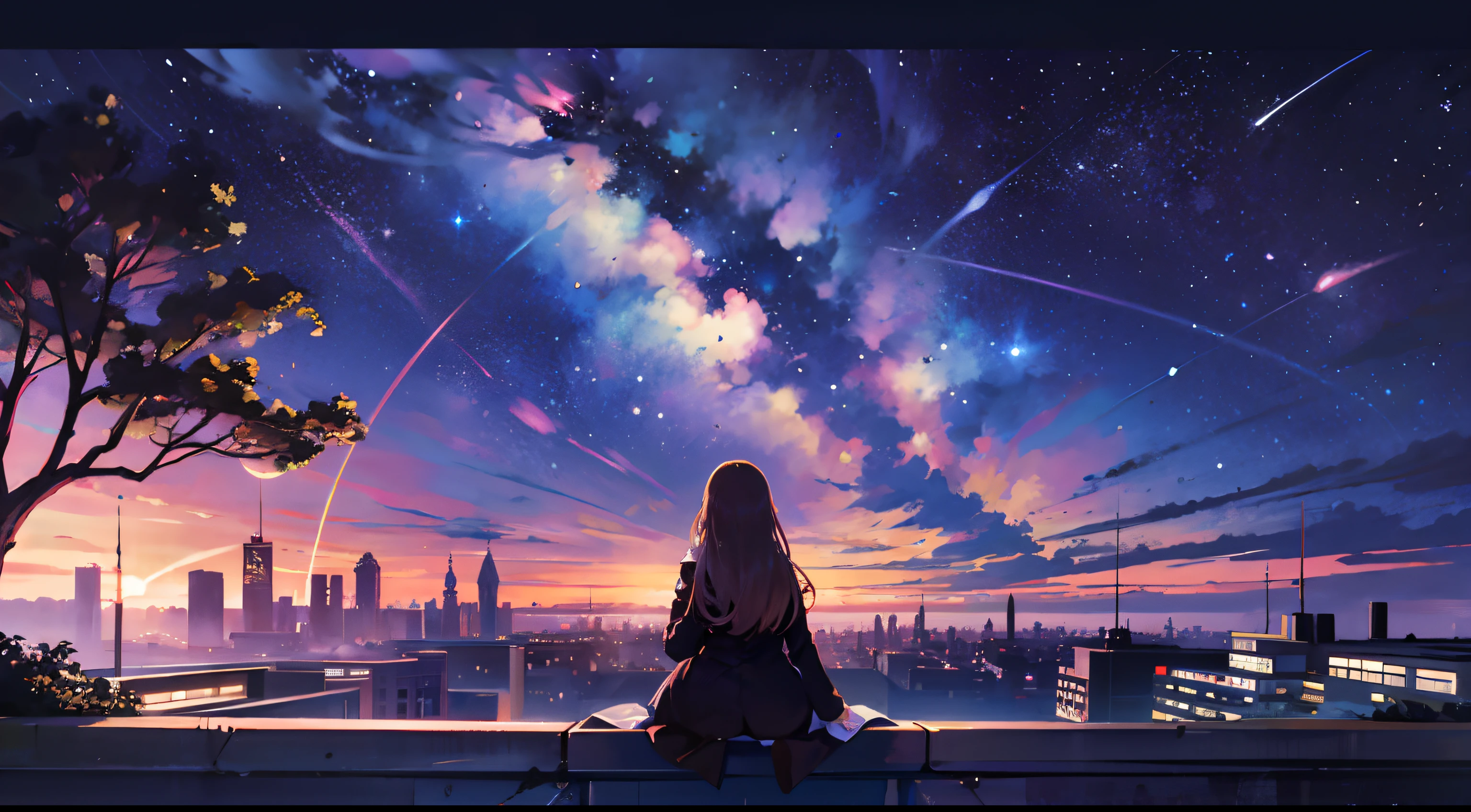 octans, sky, star (sky), scenery, starry sky, night, 1girl, night sky, solo, outdoors, building, cloud, milky way, sitting, tree, long hair, city, silhouette, cityscape
