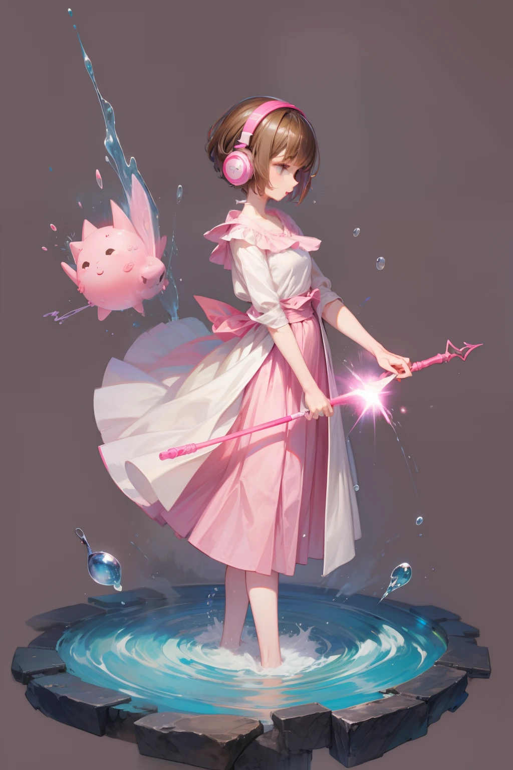 pinkcolor、Girl with headphones、short-haired、Brown hair、long  skirt、simple background、Water the body、Holding a wand、Like manipulating water