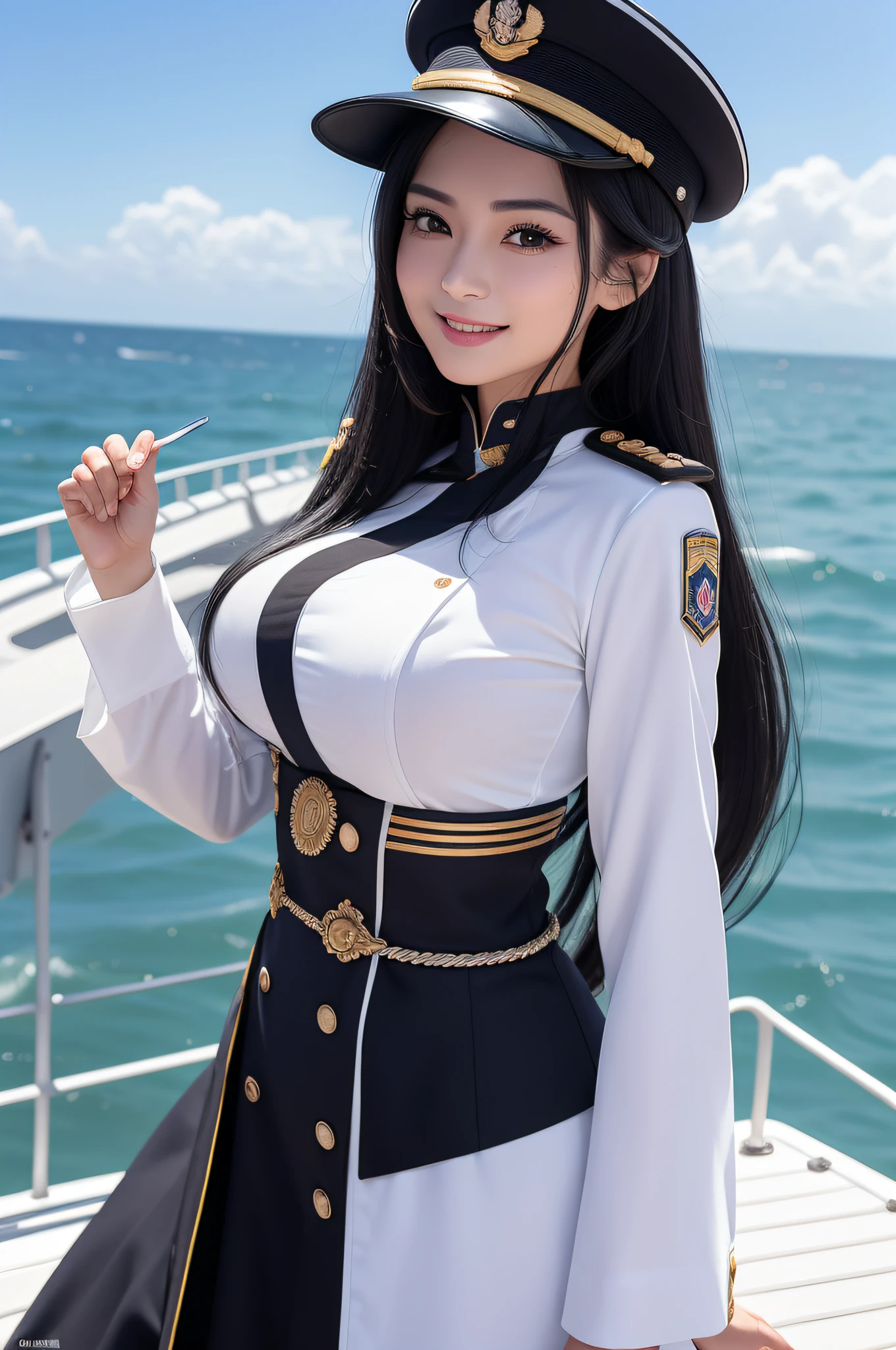 Kizi， an Quority， top-quality， big breasts beautiful， prette， The sheen，Stand on the deck of a warship， the sea，tmasterpiece，（（(Naval uniform:1.8，Wears an officer's hat））） Long black hair，The eyes are sharp and affectionate，Brush your teeth heroically，A sweet smile，Fighting posture，（（（full armour：1.2））），（（（Square face，detail in face：1.2））），（obi strip：1.8））