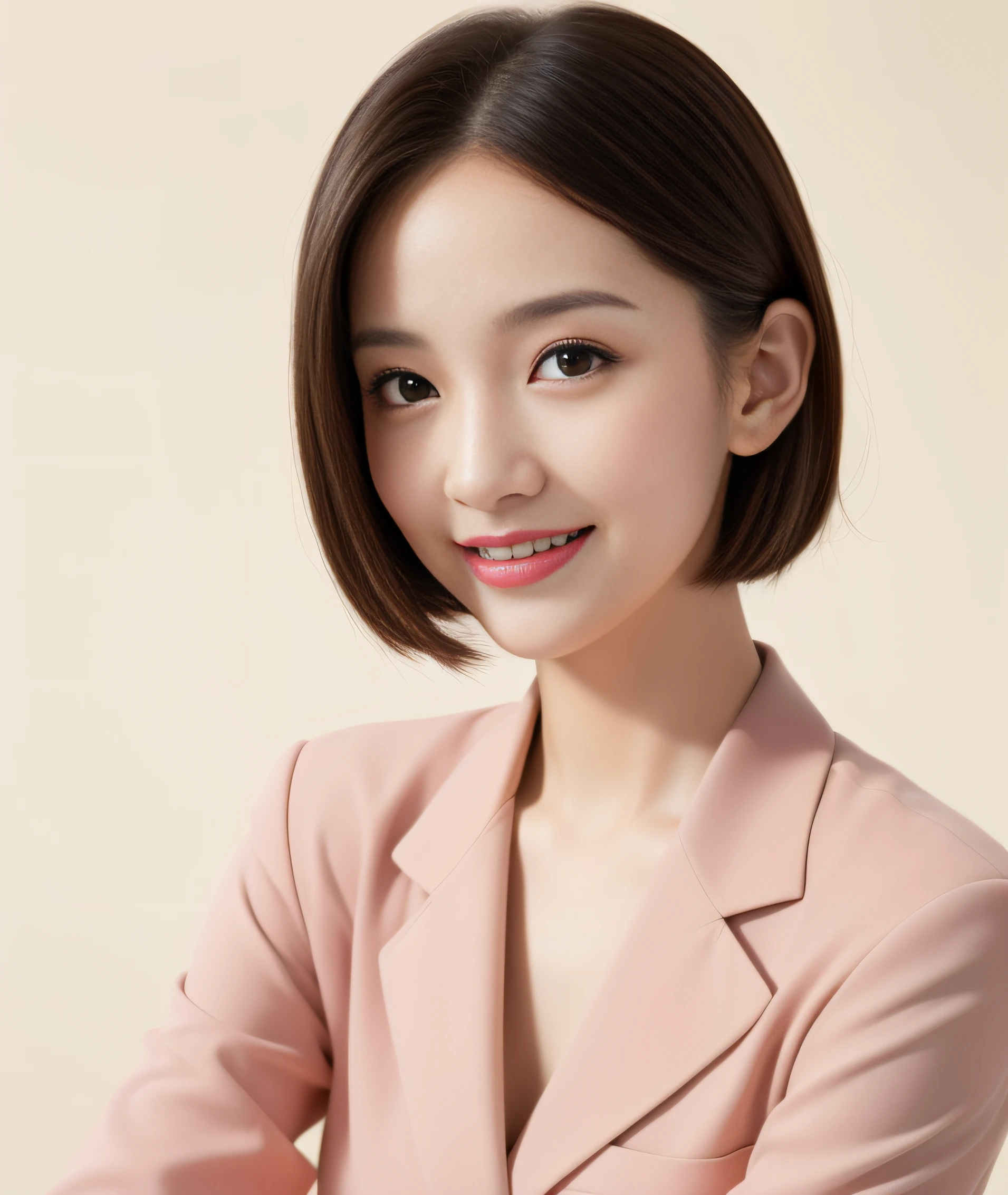 ((best quality, 8K, masterpiece: 1.3)), beautiful girl, pure, melon face, kind and cute, sweet smile, pure desire, slender body, (front), (tilted head), ((looking at camera) ) , wearing a pink suit, smooth black medium hair, long flowing shoulders, round black big eyes, clear big eyes, moist red lips, sweet, sitting on a chair, lounge background, ((( Whole body))),