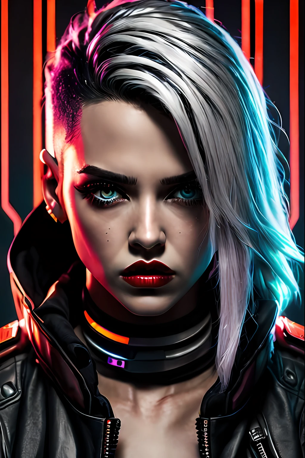 Lucy \(cyberpunk\), 1girl, cabelo crunchie, corte Hime, cabelo prateado, pontas coloridas, lua cheia, olhos cinzentos, jaqueta, mangas compridas, olhando para o espectador, cabelo curto, cabelo multicolorido, franja separada, separated-lips, cabelo rosa, retrato, delineador vermelho, red-lips, solo, jaqueta branca, cyberpunk \(series\), noite chuvosa em uma cidade cyberpunk com luzes neon brilhantes, segurando uma pistola