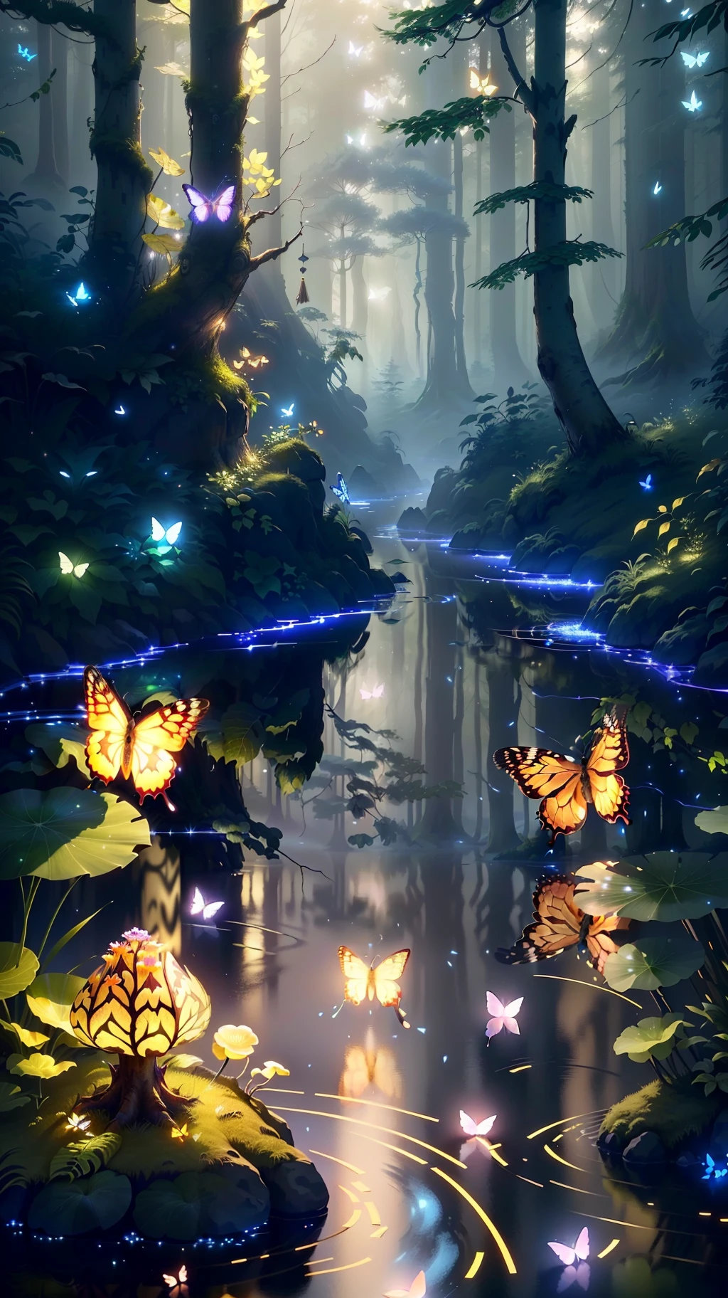 A masterpiece, the best quality, stunning reflections, the best reflections ever. (very detailed CG unity 8k wallpapers), (best quality), (best illustrations), (best shadows), forest theme with natural elements. Tall trees, quiet streams, small glowing mushrooms surrounded by delicate leaves and branches, with fireflies and glowing particle effects,, (natural elements), (jungle theme), (leaves), (twigs), (fireflies), butterflies, (delicate leaves), (glow), (particle effects). , Isometric 3D, Octane Rendering, Ray Traced, Super Detailed