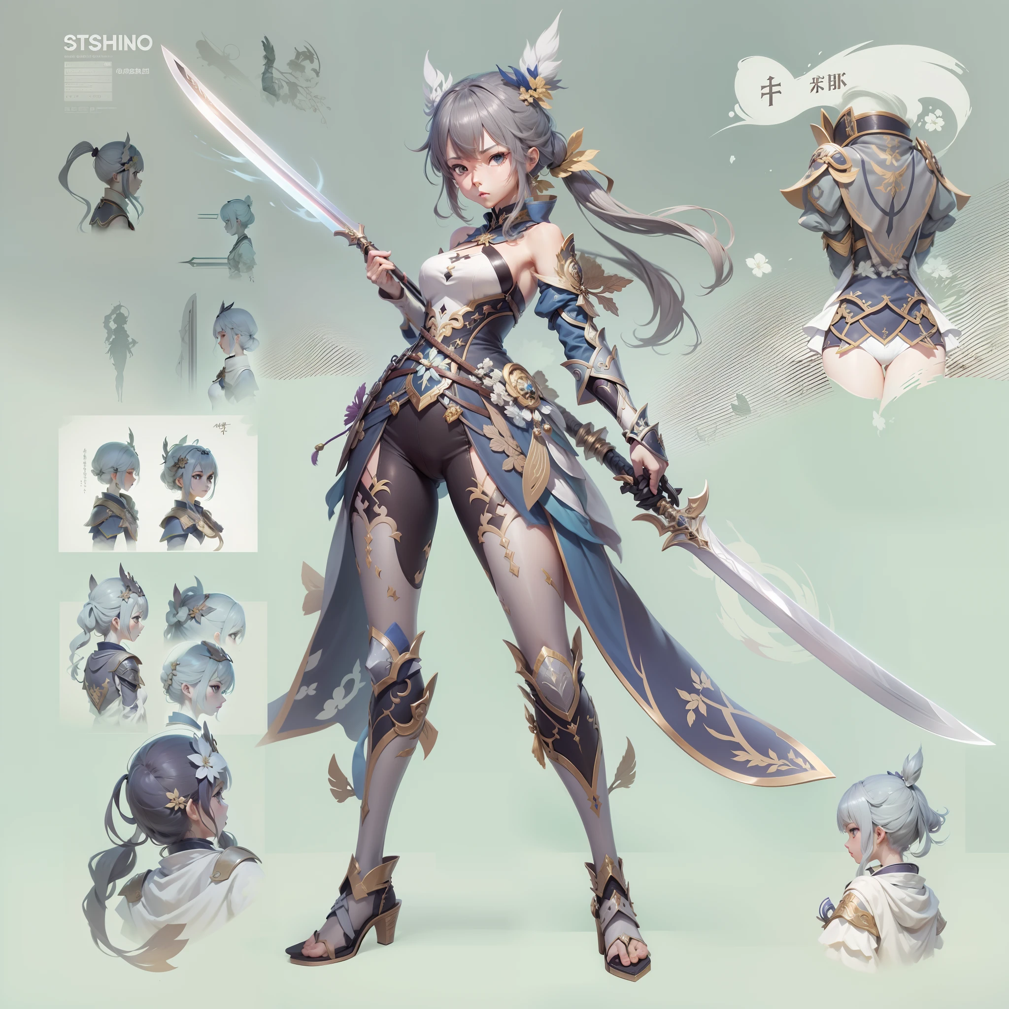 Character Design, Dendro Swordsman Girl, Concept art, genshin impact style, Plain gray background、The ultra -The high-definition、ultra-definition、