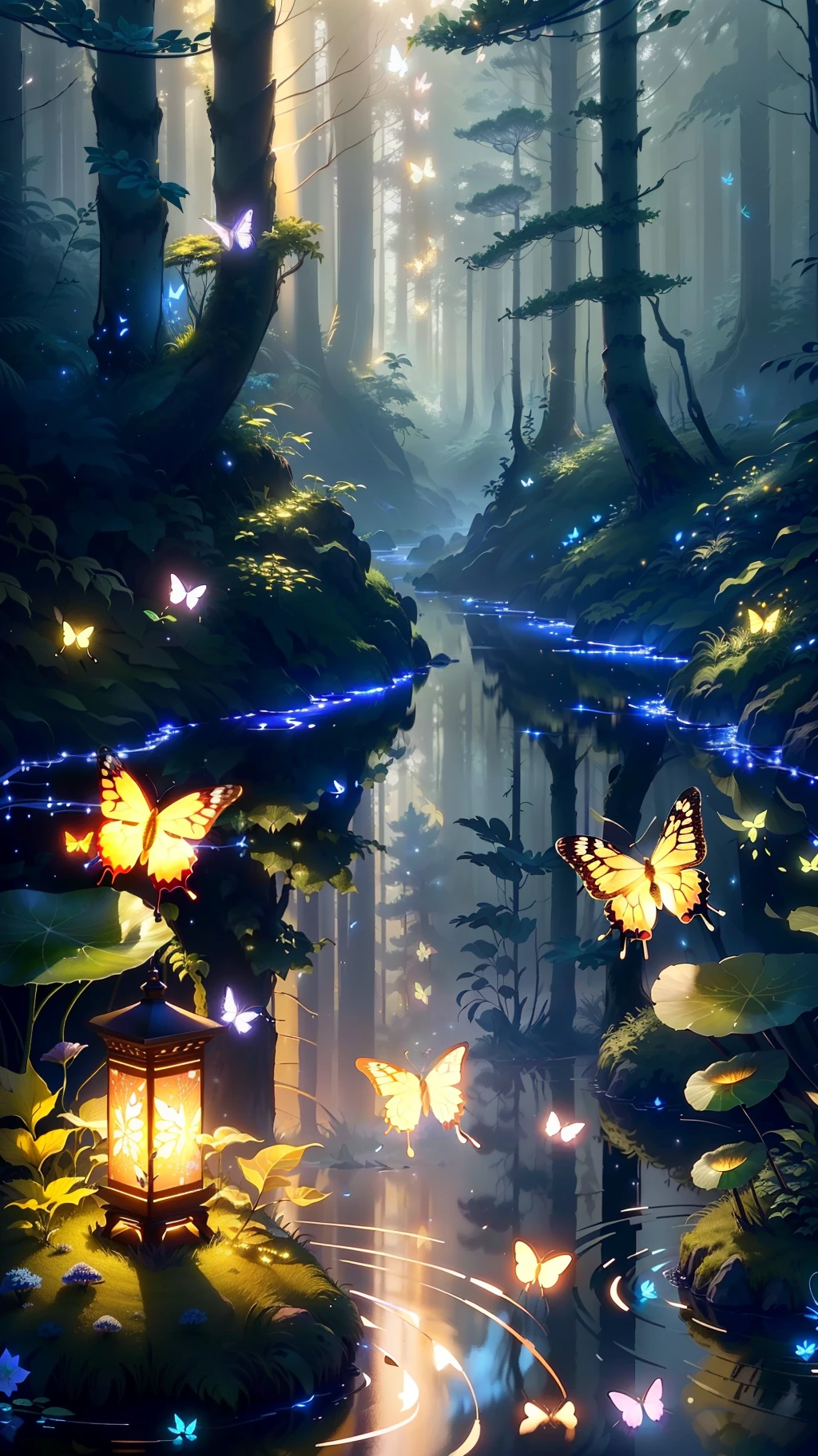 A masterpiece, the best quality, stunning reflections, the best reflections ever. (very detailed CG unity 8k wallpapers), (best quality), (best illustrations), (best shadows), forest theme with natural elements. Tall trees, quiet streams, small glowing mushrooms surrounded by delicate leaves and branches, with fireflies and glowing particle effects,, (natural elements), (jungle theme), (leaves), (twigs), (fireflies), butterflies, (delicate leaves), (glow), (particle effects). , Isometric 3D, Octane Rendering, Ray Traced, Super Detailed