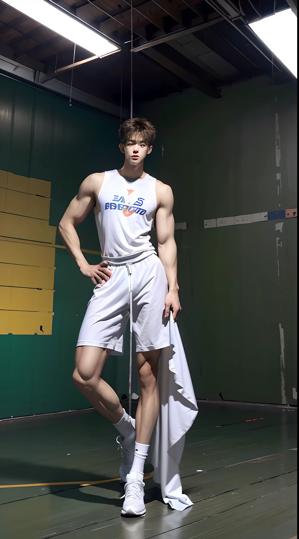 (((Best quality))),(((Ultra detailed))),(((Masterpiece)))，（Cute tall Shota：3），solo person，（full bodyesbian：3），（Stay away from the lens：3），Expose your legs，Titan muscles，hulk muscles，（revealing the whole body：2），（Frontal heads-up view：1.2），malefocus，（looking at viewert）， old，  Physical Education Student，Extremely handsome，（Tall：3），（Tall guy：2），Super tall，（Height 300 cm：2），Excellent body proportions，muscular physique，（1.The shoulders are 5 times wider：1.2），（Slender straight legs：2.5），muscle leg，Slender feet，small heads，musculous，The face of the animated male protagonist，（Very detailed beautiful face and eyes：2），（Big bright eyes：1.2），Sharp eyeliner，Clear and beautiful face，exhilarated，（ssmile：2），short detailed hair，（Correct facial features），（tilts your head：1.5），（Men's basketball uniform：2)，Long sport men's socks，（Muscle firming：2），Strong，（Wide shoulders and narrow waist：2.2），Detailed muscle texture，Highlights muscle structure，（in a subway），（kneeling down：4），（full length shoot），ultra-realistic realism, (Photorealistic detail), Incredible accuracy, lifelike textures, masterful technique, Jaw-dropping precision, artistic dedication，（anatomy correct），Good lighting，exquisite detailing，Best quality，stunning masterpiece，CG，（Colored screen）