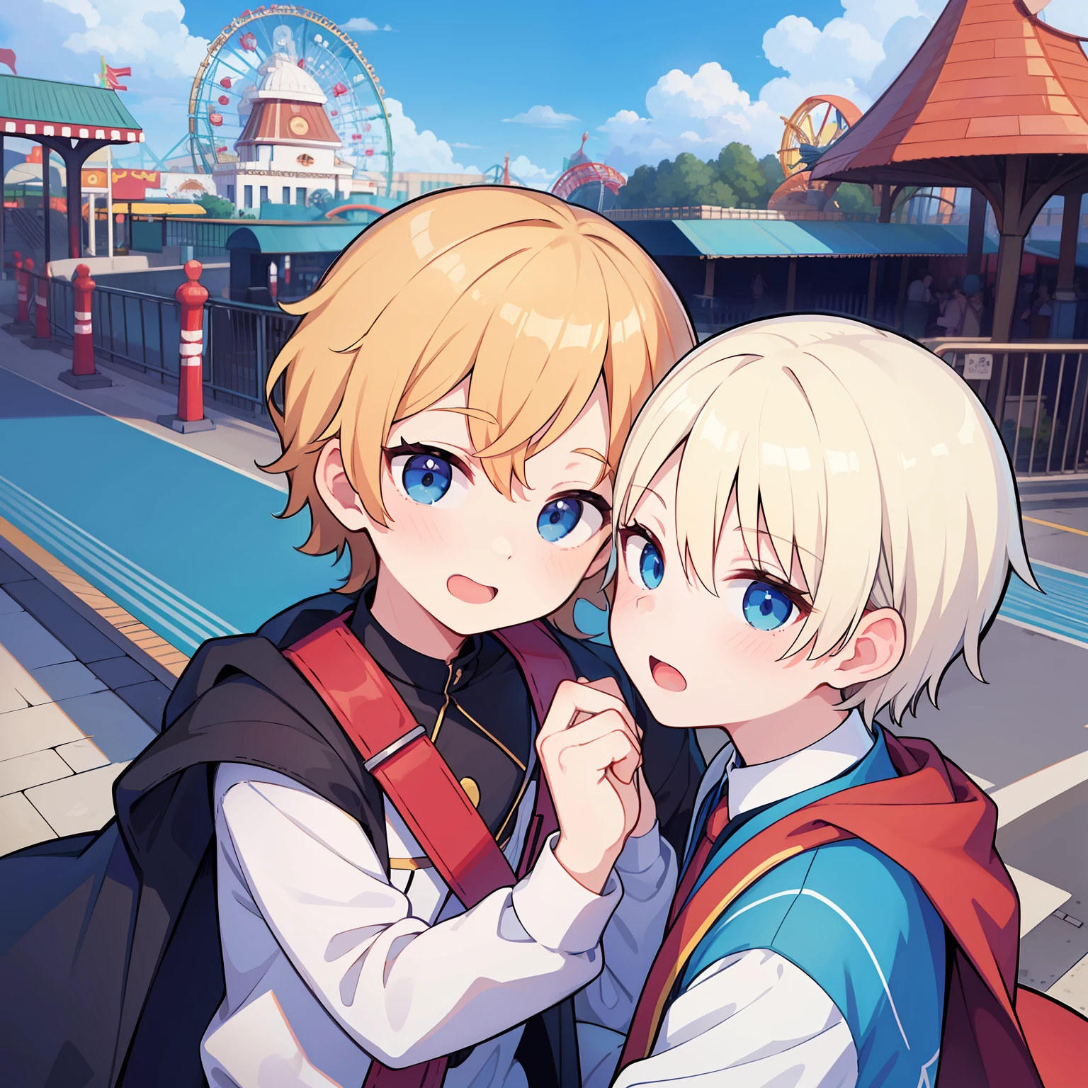 superfine illustration,Animated,1boy,man,Man's,gay,Yaoi,Guy,man,Man's,Short hair,Curly hair,Parted bangs,Blonde hair,Blue eyes,White skin,Amusement Park Dating