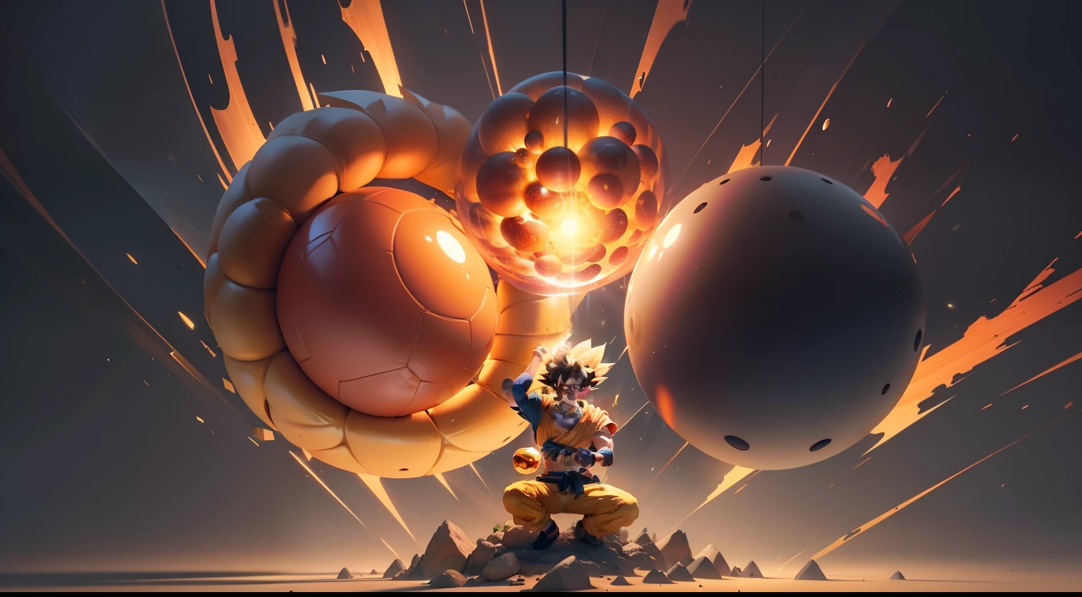 Goku, surrounded by 3D dragon balls, with high contrasts in yellow and transparent. Inside the GR symbol