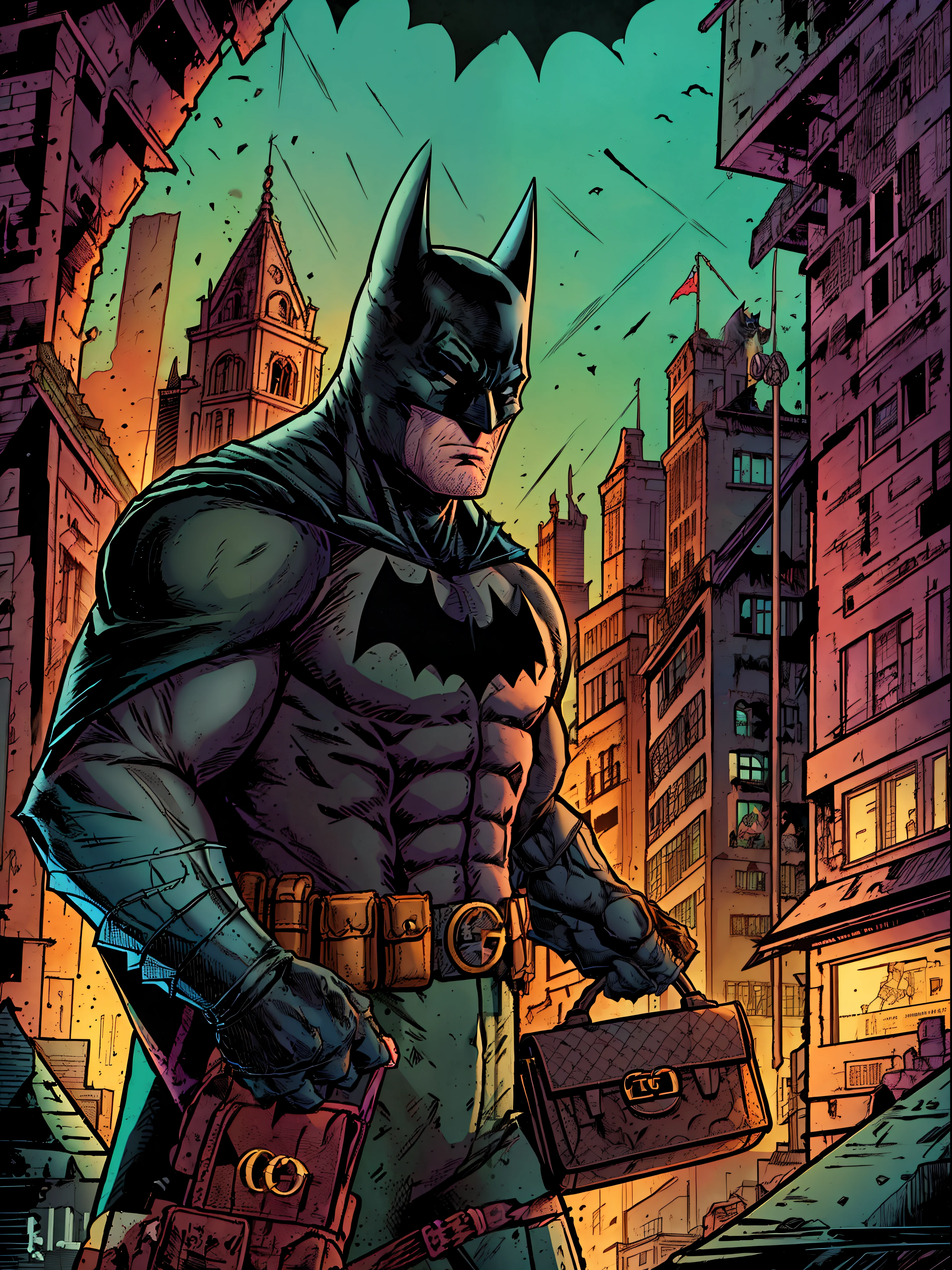 Batman confidently stands atop the towering buildings of Gotham City, displaying his unparalleled vigilante abilities. Gripping a mysterious gucci bag in his hand, he meticulously examines its contents.