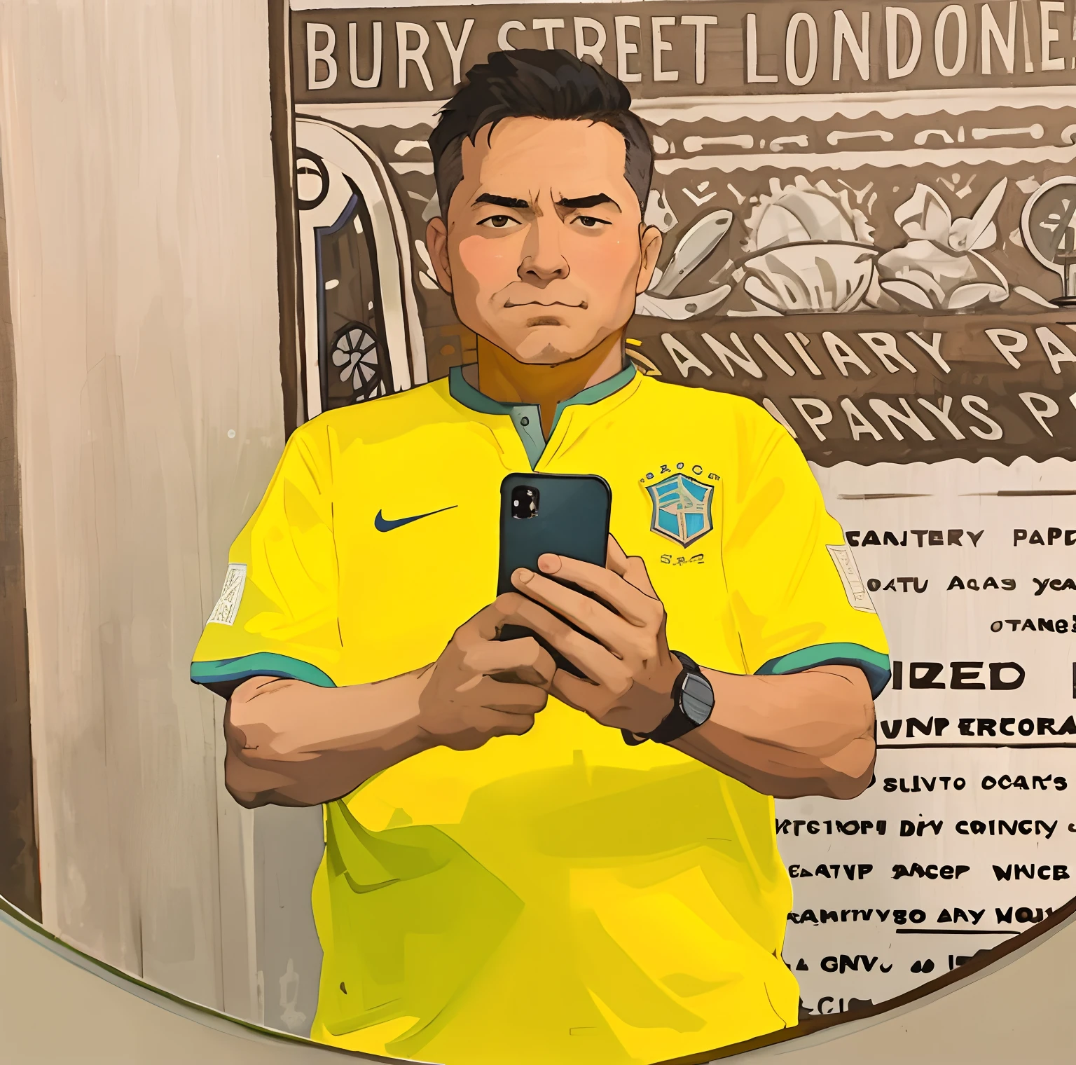 Anime man taking a selfie in front of a mirror, selfie photograph, he is about 5 0 years old, he is about 50 years old, anime style