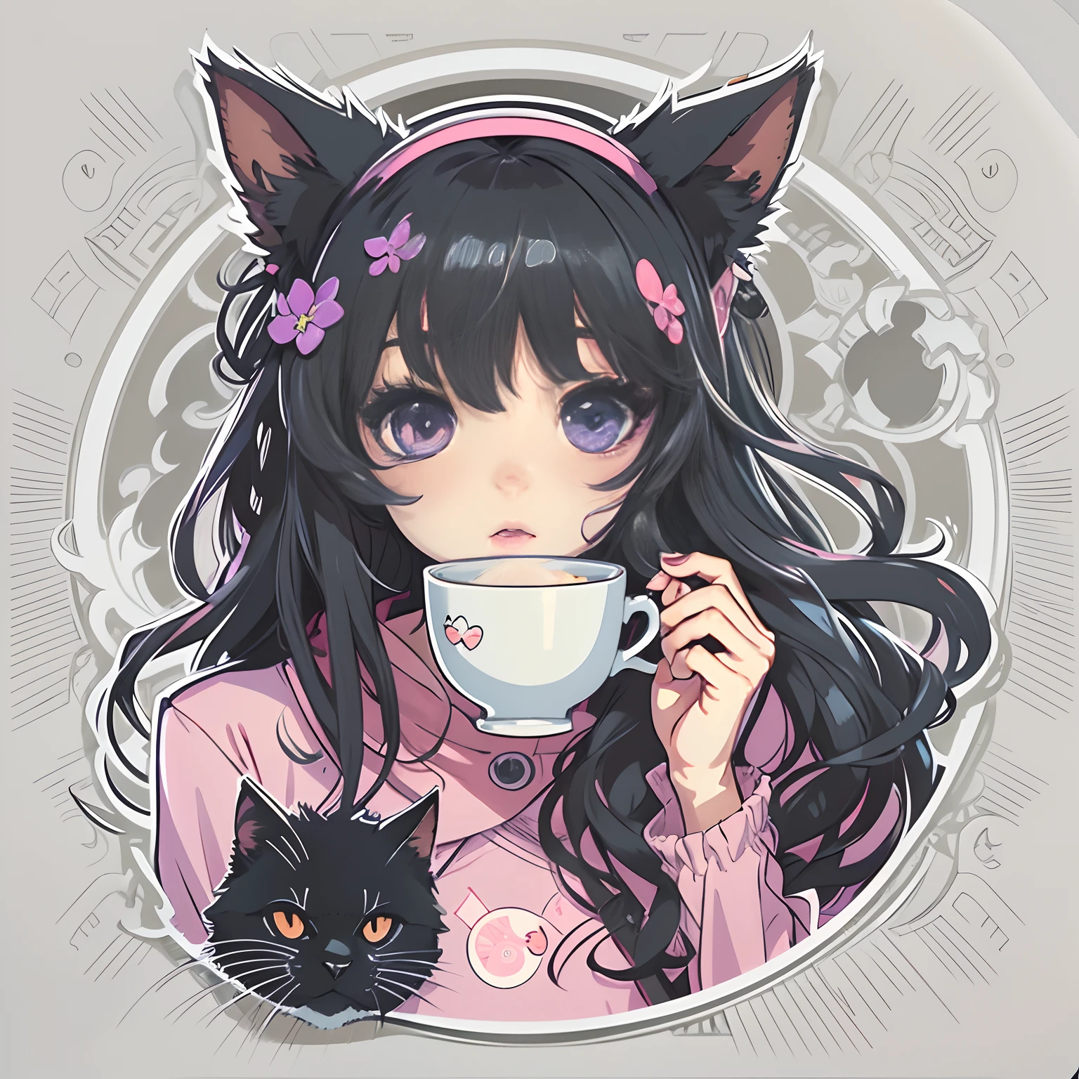Sticker, Cute anime girl head, Long black hair style,Deep purple eyes，Black cat ears, cute clothing， Drinking tea, in circle, White background, Bright pink, Simple, Ultra detailed, Detailed drawing, vectorised, Silhouette, 8K, professional sticker design, Flat design, Vector lines, Sticker, Drawing, Drawing, Full-HD