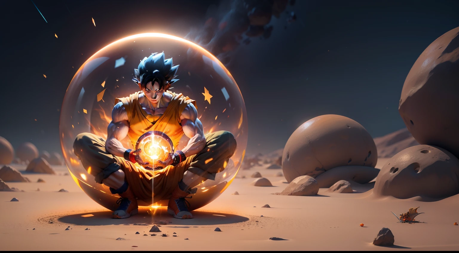 Goku, surrounded by 3D dragon balls, with high contrasts in yellow and transparent. Inside the GR symbol
