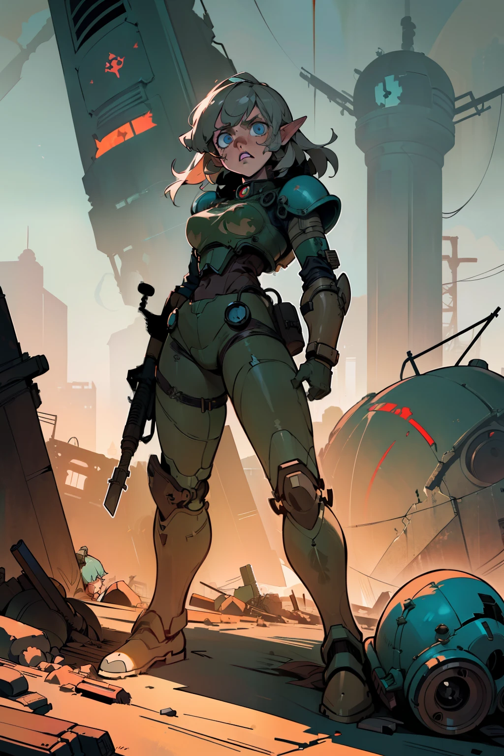 (((fallout-style)), ((anime influence)), ((dystopian)), (full-body), (female character), (elf), (brown long hair), (hime cut), (blue eyes), (servo armor), (Fallout 4 inspired design), (no helmet), (elven-themed power armor design), (rifle), (without helmet), (ruins of the city), (barricade), ( safe zone), (headquarters), (military zone), ( courtyard), (cinematic lighting), (action pose), (ruined cityscape), (post-apocalyptic atmosphere), (emotional depth), (2D illustration), ( dramatic shadows), (rich color palette), (narration narrative), (contrast and sharpness), (epic feel), (stylized ruins), (powerful stance), (radiation glow), (dynamic composition), (8k resolution) , (hand drawn), (fight of humanity), (anime-inspired characters), (complex composition) details), (warring factions), (desperation in the eyes), (Fallout 4 aesthetics), (religious symbolism), ( strategic barricade), (vegetation overgrown), (windswept rubble), (command center), (hope amidst chaos), (visual storytelling).