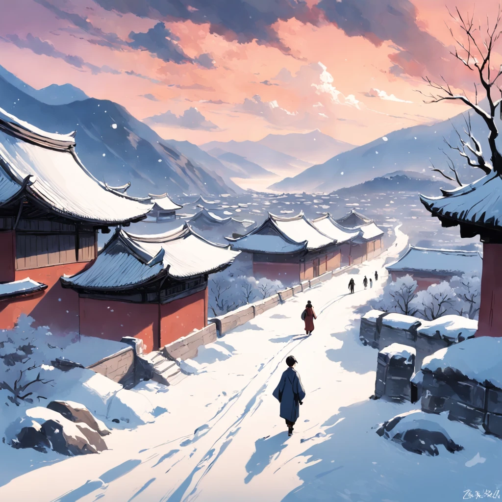 Draw a person walking in the snow, inspired by Huang Binhong, korean artist, inspired by Kim Hong-do, author:Yi Renwen, inspired by Yeong-Hao Han, inspired by Wang Yuanqi, snow landscape, author:Shen Shizhen, inspired by Lu Zhi, inspired by Yoshihiko Wada