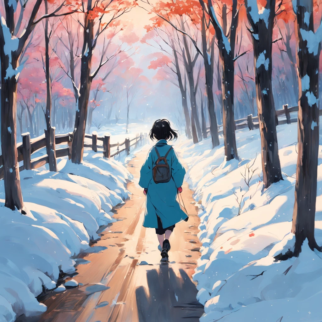 Draw a person walking in the snow, inspired by Huang Binhong, korean artist, inspired by Kim Hong-do, author:Yi Renwen, inspired by Yeong-Hao Han, inspired by Wang Yuanqi, snow landscape, author:Shen Shizhen, inspired by Lu Zhi, inspired by Yoshihiko Wada
