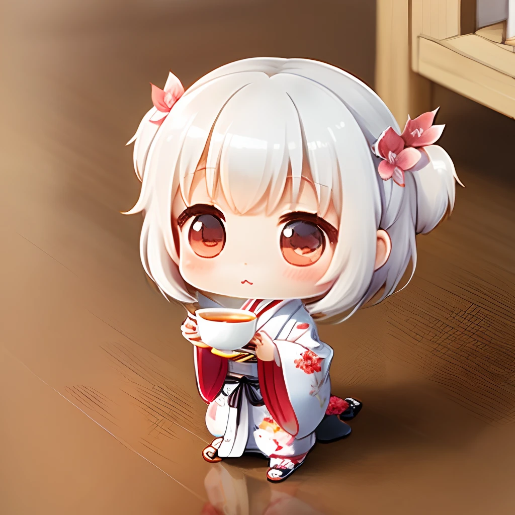 Cute chibi anime, wear white kimono, drink tea, logo