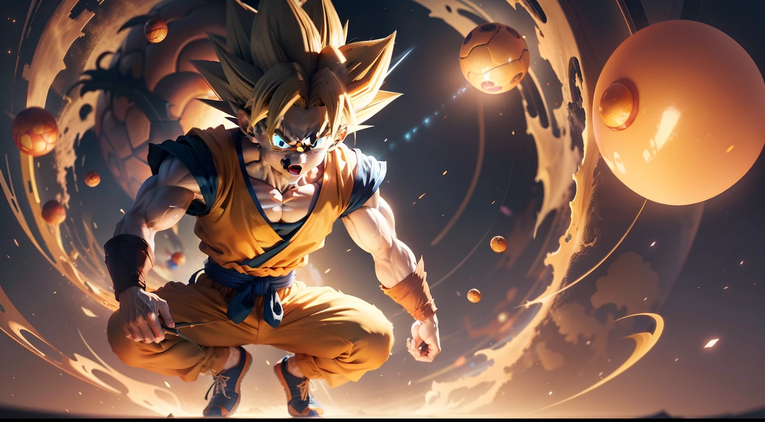 Goku, surrounded by 3D dragon balls, with high contrasts in yellow and transparent. Inside the GR symbol