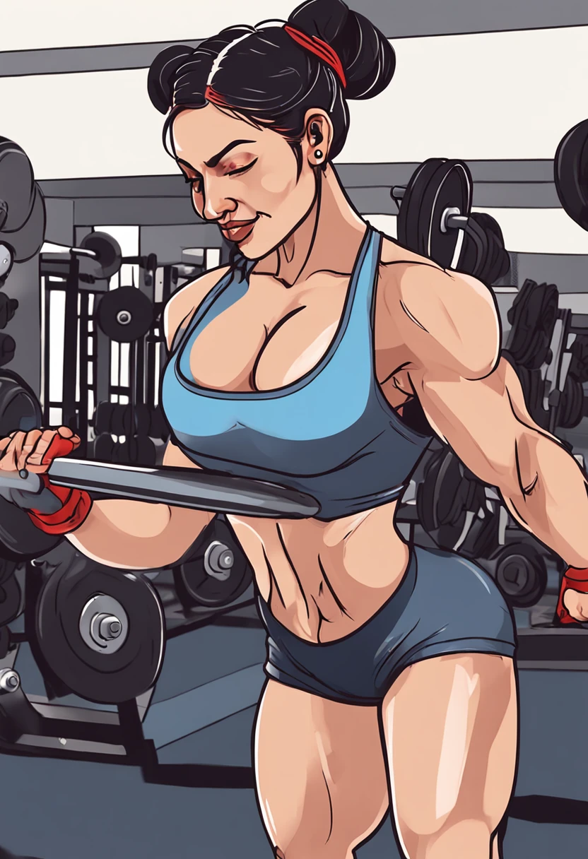 Indian girl aged 24, voluptuous, in a gym, wearing white sports bra, wearing gray gym body shape wear, hair tied, some strands coming out, doing snatch grip deadlier exercise, weight plates of blue and red colour, bose headsets on ears, lateral view, gym background, little sweat drops on whole body, in snatch grip deadlift squat position holding barbell, about to lift, cleavage visible, gym wrist bands on wrist, gym gloves in hands, muscular shoulders, little pumped up biceps, long barbell