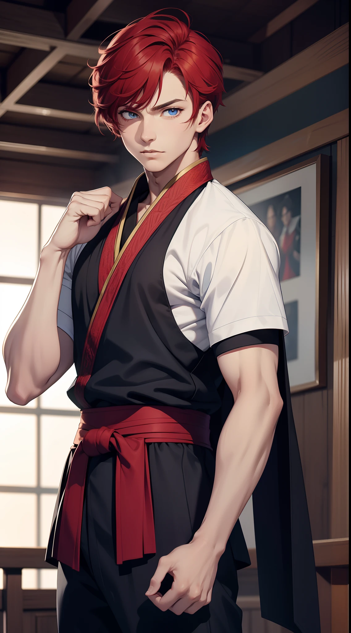 Young guy, short red hair, blue eyes, prince, martial arts, Masterpiece, hiquality