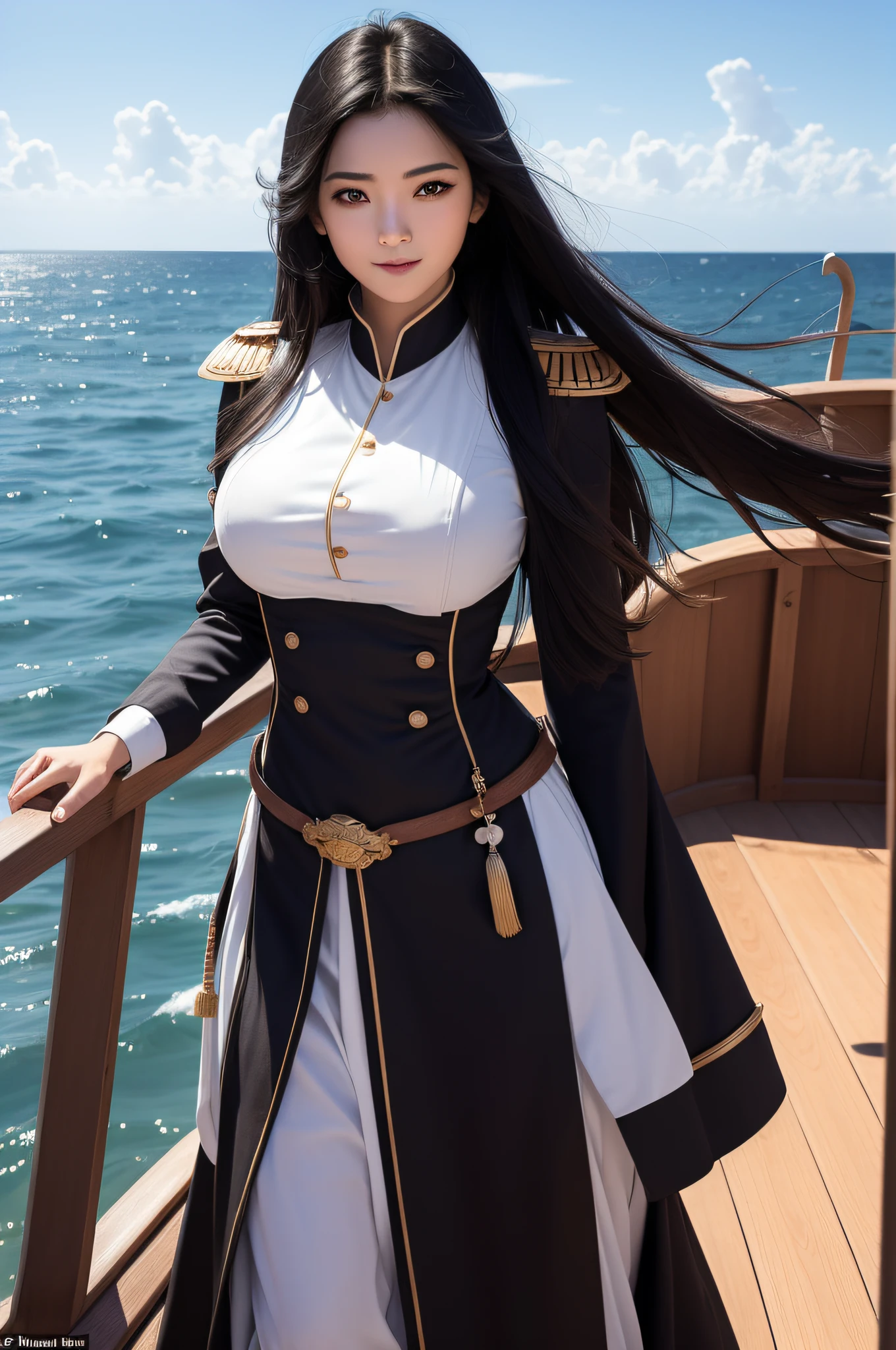 Kizi， an Quority， top-quality， big breasts beautiful， prette， The sheen，Stand on the deck of a warship， the sea，tmasterpiece，（（(naval uniform:1.8）） Long black hair，The eyes are sharp and affectionate，Heroic brushing，A sweet smile，Fighting posture，（（（full armour：1.2））），（（（Square face，detail in face：1.2））），（obi strip：1.8））