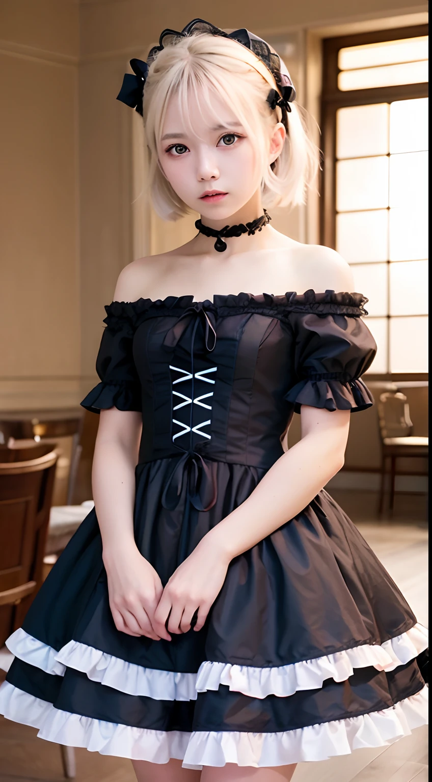 (masutepiece, Best Quality:1.2), 8K, 85 mm, Official art, Raw photo, absurderes, Platinum Blonde Hair, (Blue eyes, Lolita Fashion, sweetlolita, Gothic, Dress:1.2), Idol face, Upper body, Beautiful Girl, gardeniass, Copenhagen, Short sleeve, Elegance, Sophisticated, gardenia, Looking at Viewer, Film grain, chromatic abberation, Sharp Focus, face lights, Dynamic lighting, Cinematic lighting, Detailed face, Bokeh background