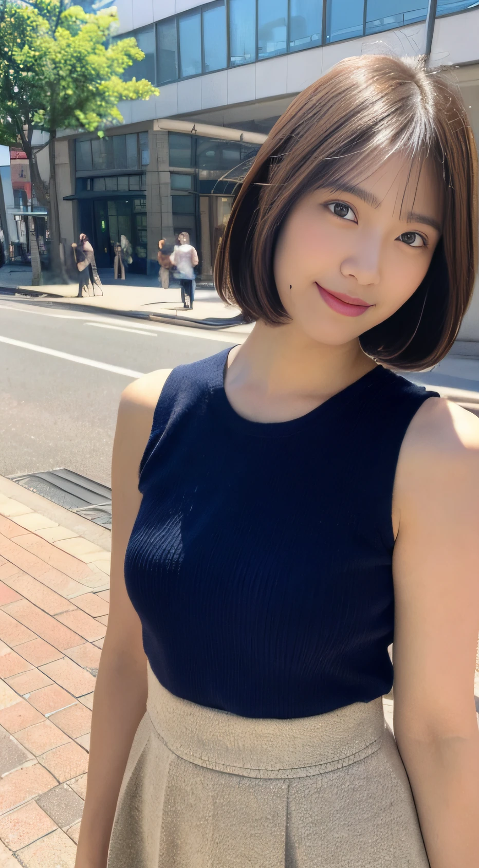 ((top-quality、8K、masterpiece:1.3))、foco nítido:1.2、Beautiful Women in Perfect Style:1.4、Slender Abs:1.2、((dark brown hair、a short bob、small tits:1.2))、(natural soft light、City Street:1.1)、(Front view View viewer:1.5)、Highly detailed facial and skin texture、A detailed eye、二重まぶた、Women's Ana Style Makeup、((Sleeveless 1.5、long skirt))、tits out