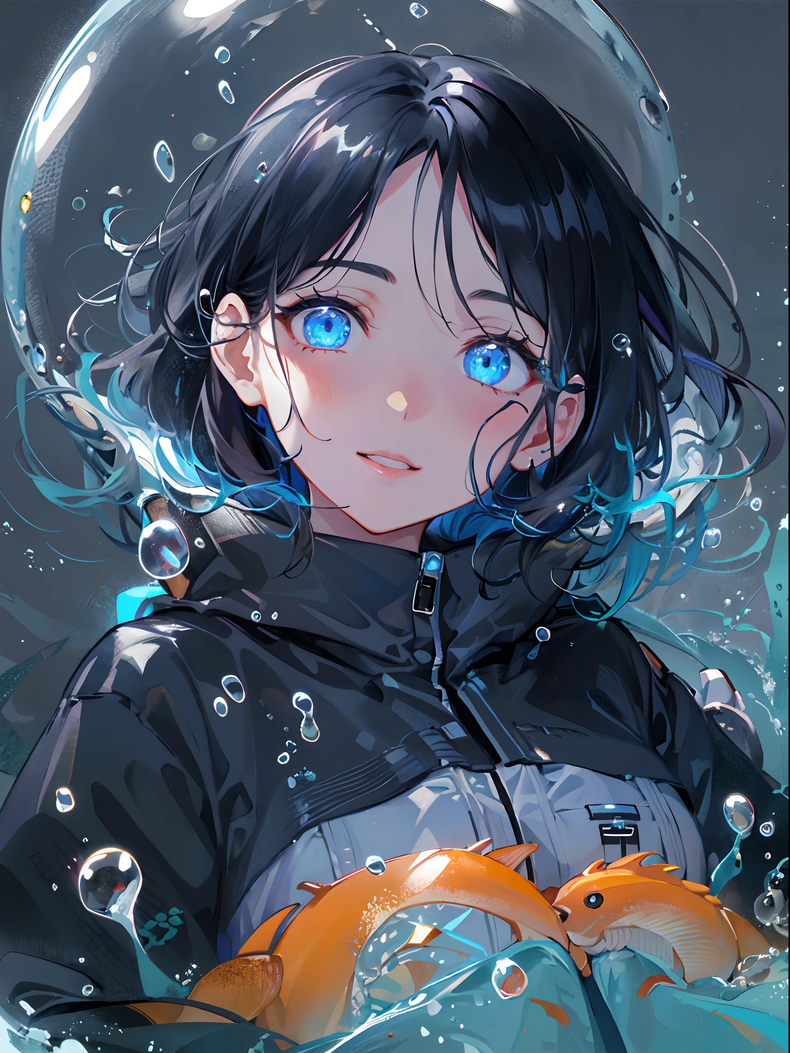 ((top-quality)), ((masterpiece)), ((ultra-detailliert)), (extremely delicate and beautiful), girl with, 独奏, cold attitude,((Black jacket)),She is very(relax)with the(Settled down)Looks,A dark-haired, depth of fields,evil smile,Bubble, under the water, Air bubble,bright light blue eyes,Inner color with black hair and light blue tips,Cold background,Bob Hair - Linear Art, shortpants、knee high socks、Camisole inner shirt、White uniform