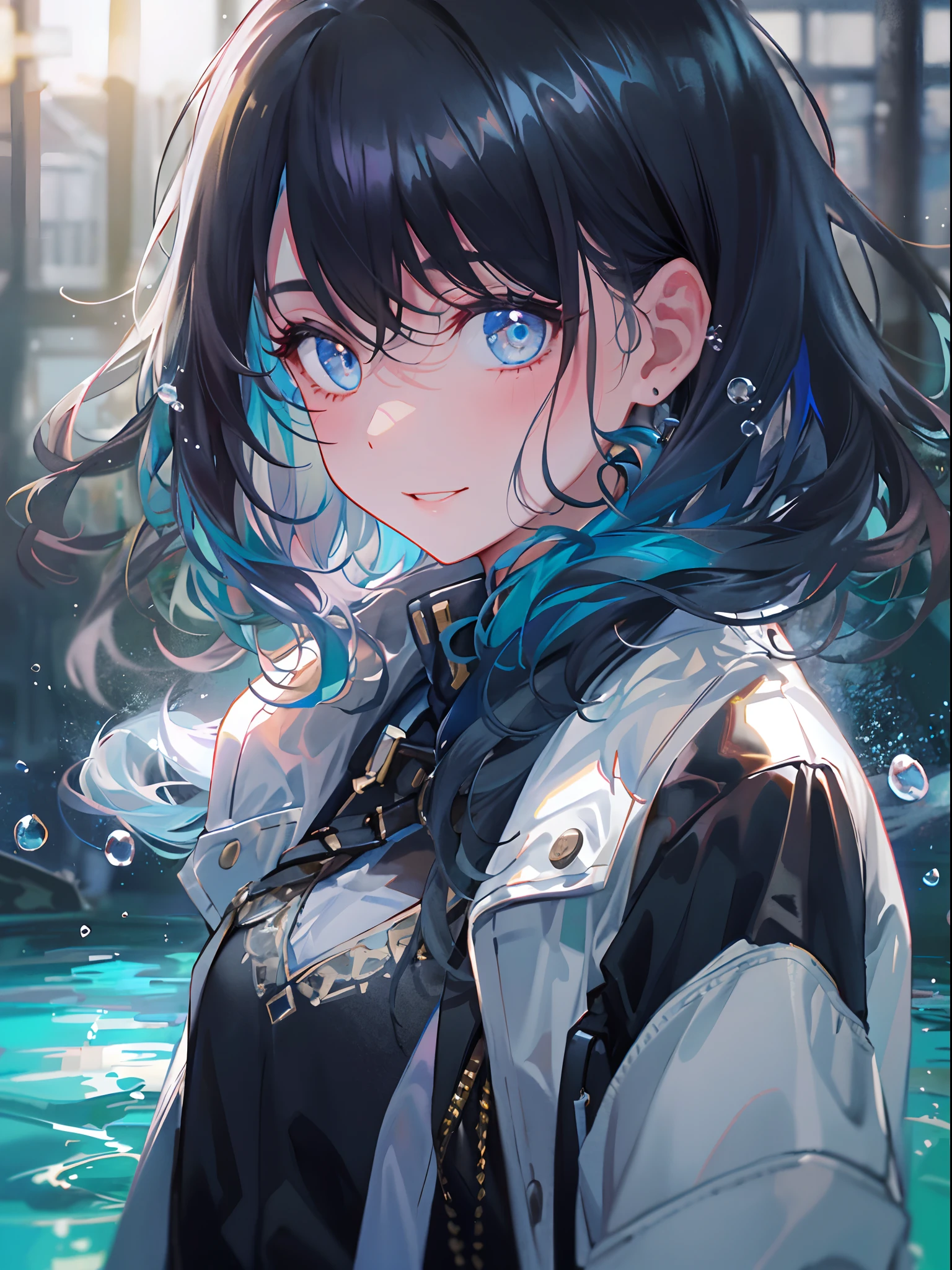 ((top-quality)), ((masterpiece)), ((ultra-detailliert)), (extremely delicate and beautiful), girl with, 独奏, cold attitude,((Black jacket)),She is very(relax)with the(Settled down)Looks,A dark-haired, depth of fields,evil smile,Bubble, under the water, Air bubble,bright light blue eyes,Inner color with black hair and light blue tips,Cold background,Bob Hair - Linear Art, shortpants、knee high socks、Camisole inner shirt、White uniform