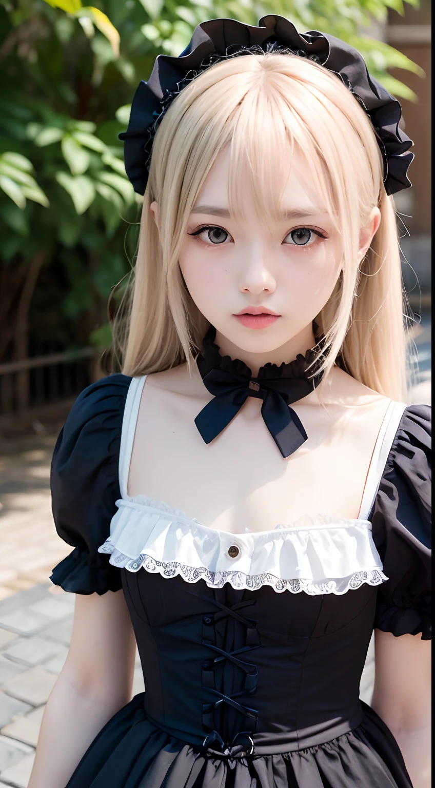 (Tabletop, highest quality:1.2), 8k, 85mm, Official Art, RAW Photos, Absurd, Platinum Blonde Hair, (blue eyes, Lolita Fashion, Sweet Lolita, Gothic, dress:1.2), beautiful girl、Idol's face, close, beautiful girl, Gardeniass, Copenhagen, Short sleeve, Grace, Sophisticated, Gardenia, Looking at the audience, Film Grain, chromatic aberration, Sharp focus, Face Light, Dynamic Lighting, Cinema Lighting, Detailed face, Background of the metropolis